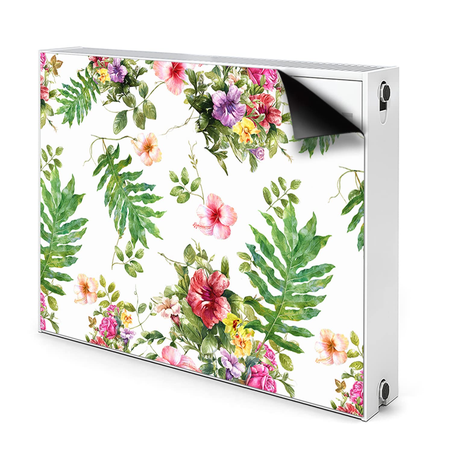 Cache radiateur vert feuilles et fleurs avec tapis magnétique décoration 100x60cm