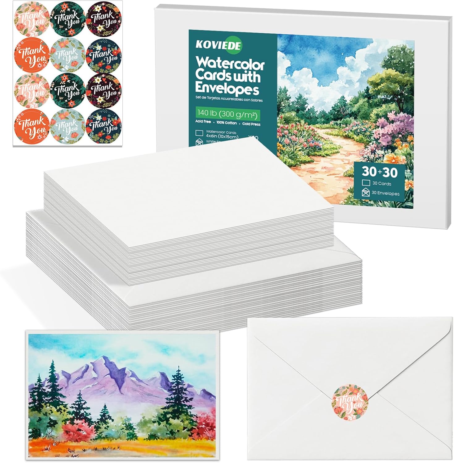 KOVIEDE 30 Pack 4x6 Blank Watercolor Cards with Envelopes - 300GSM 100% Cotton Acid-Free Heavyweight Paper for Painting, Greeting Cards, DIY Art