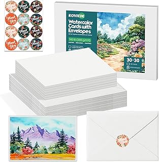 30 Sheets Blank Watercolor Cards with Envelopes 4”x6” – 140lb/300gsm 100% Cotton Non-Folded Acid-Free Heavyweight Watercolor Postpaper for Painting, Greeting Cards, DIY Art Projects