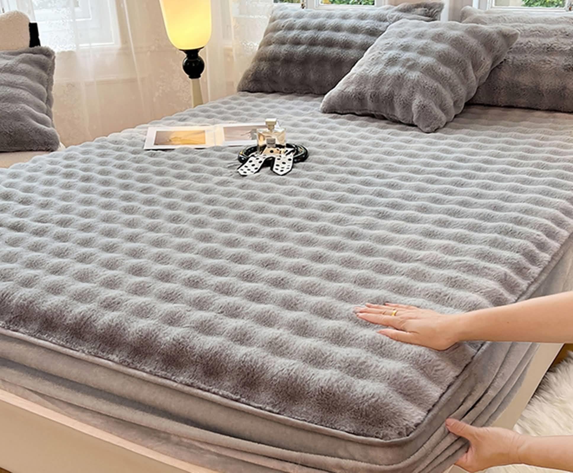 Prześcieradło z gumką 120 x 200 cm, szare, zimowe prześcieradła z gumką, aksamitne, jednokolorowe, wysokość 5-15 cm, prześcieradło z gumką do łóżek kontynentalnych z 2 poszewkami
