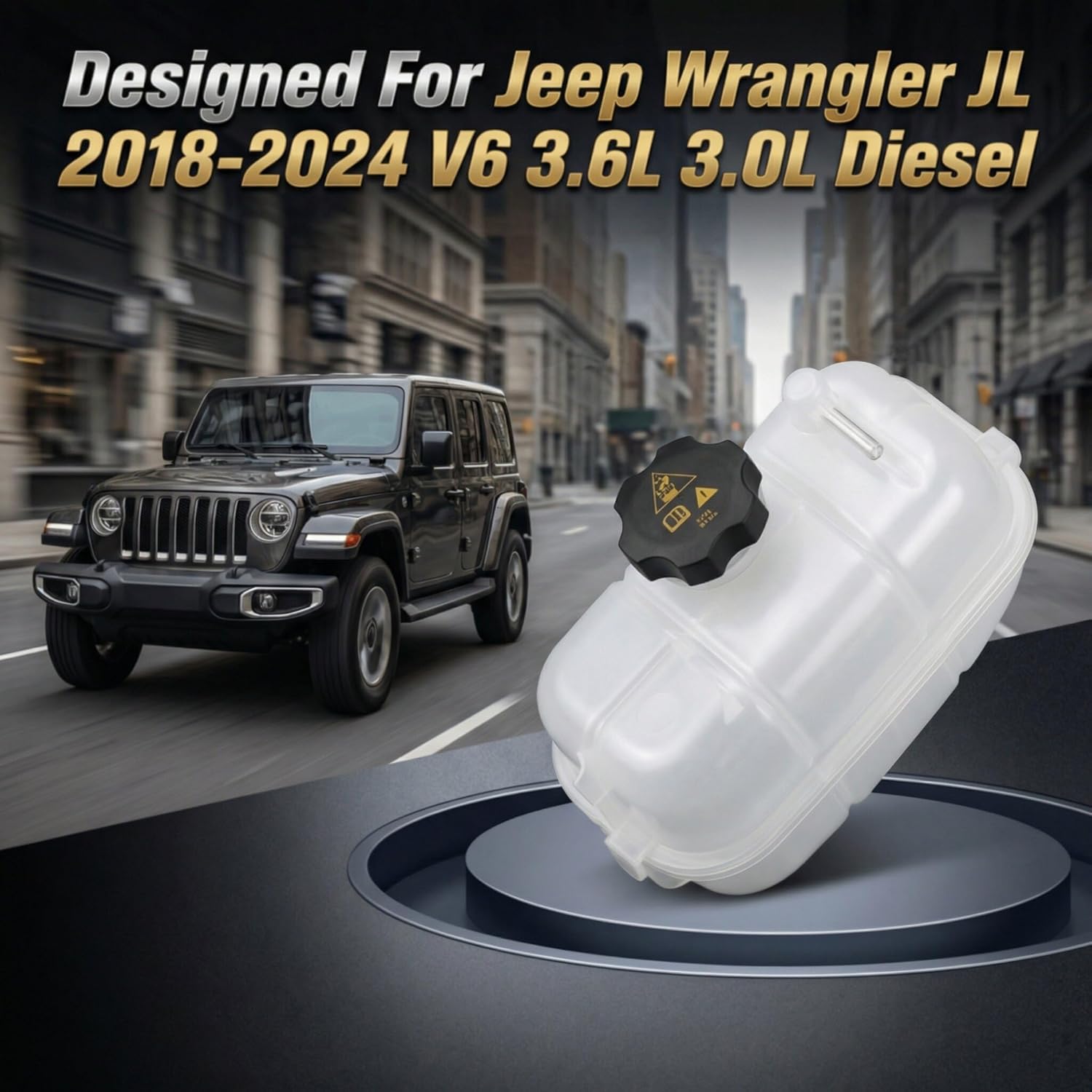 Engine Coolant Reservoir Tank with Cap Compatible with Jeep Wrangler JL 2018-2024 V6 3.6L 3.0L Diesel - Radiator Overflow Expansion Recovery Bottle Replaces 68283565AB CH3014196
