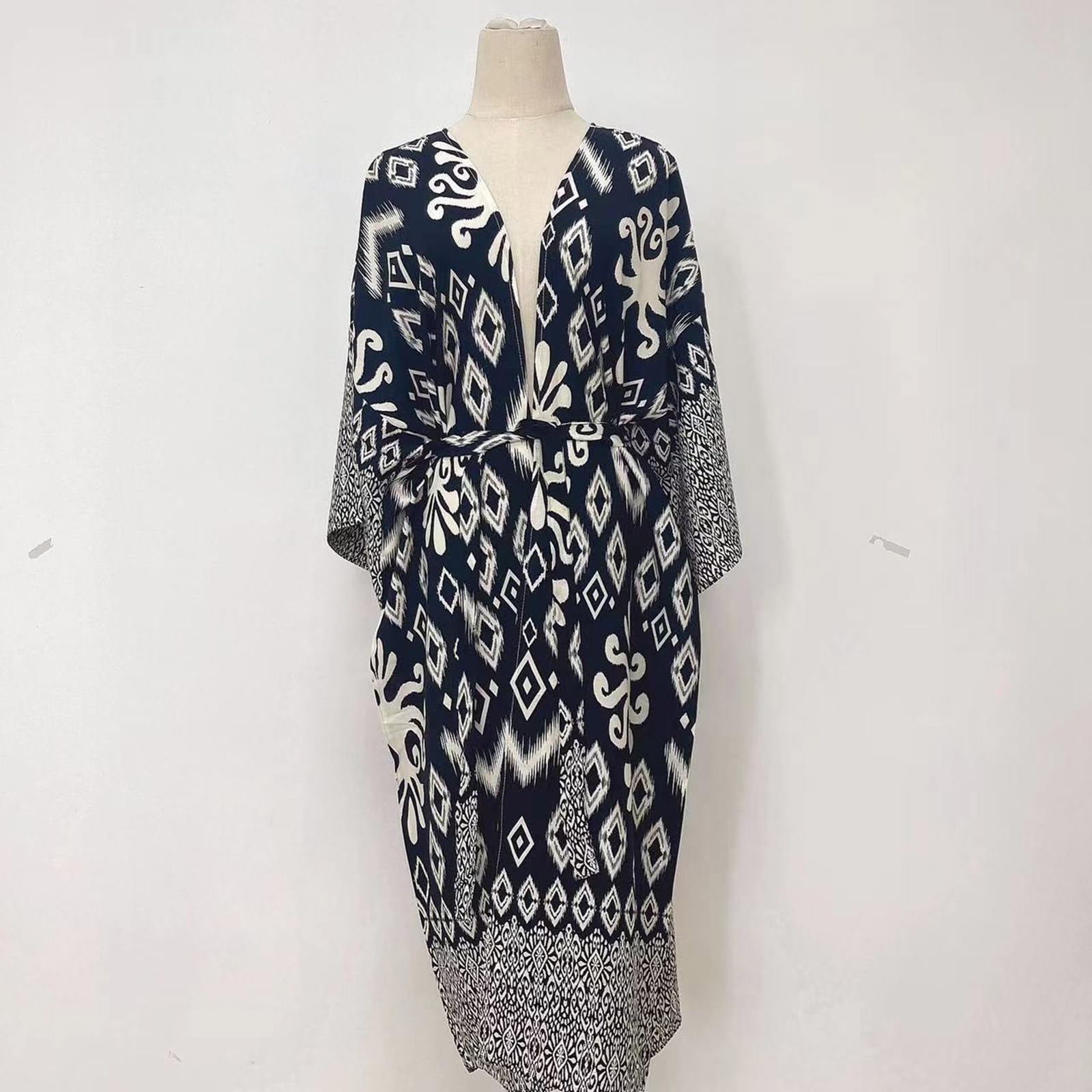 Traje de baño tipo kimono de manga larga para mujer, estampado geométrico, frente abierto, holgado, chal, vestido de playa con cinturón