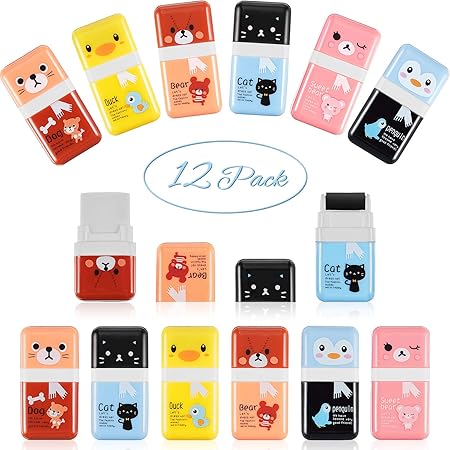 Amazon 鉛筆消しゴム かわいい消しゴム12個 シェービングローラーケース付き 簡単ピックアップと取り外し 動物テーマパーティー記念品 学校用品 子供用 新学期ギフト 消しゴム 文房具 オフィス用品