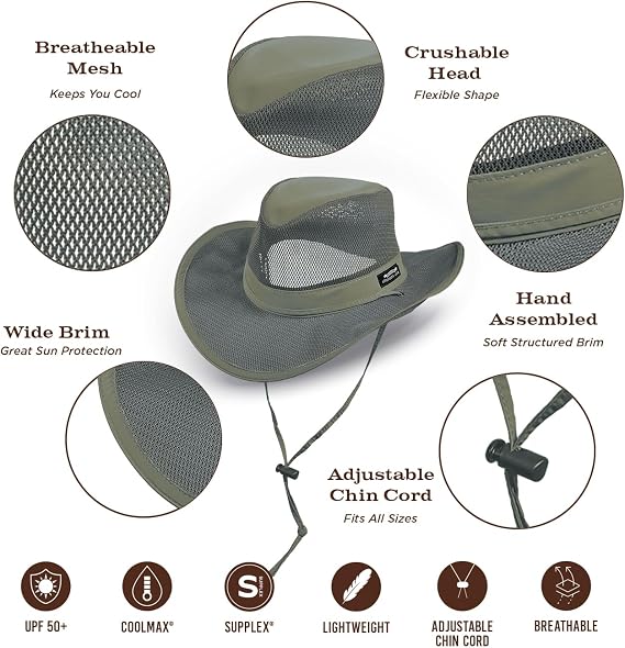 Mesh Crown Safari Men's Sun Hat, 3 Brim, Adjustable Chin Cord, UPF (SPF) 50+ Sunhat Protection