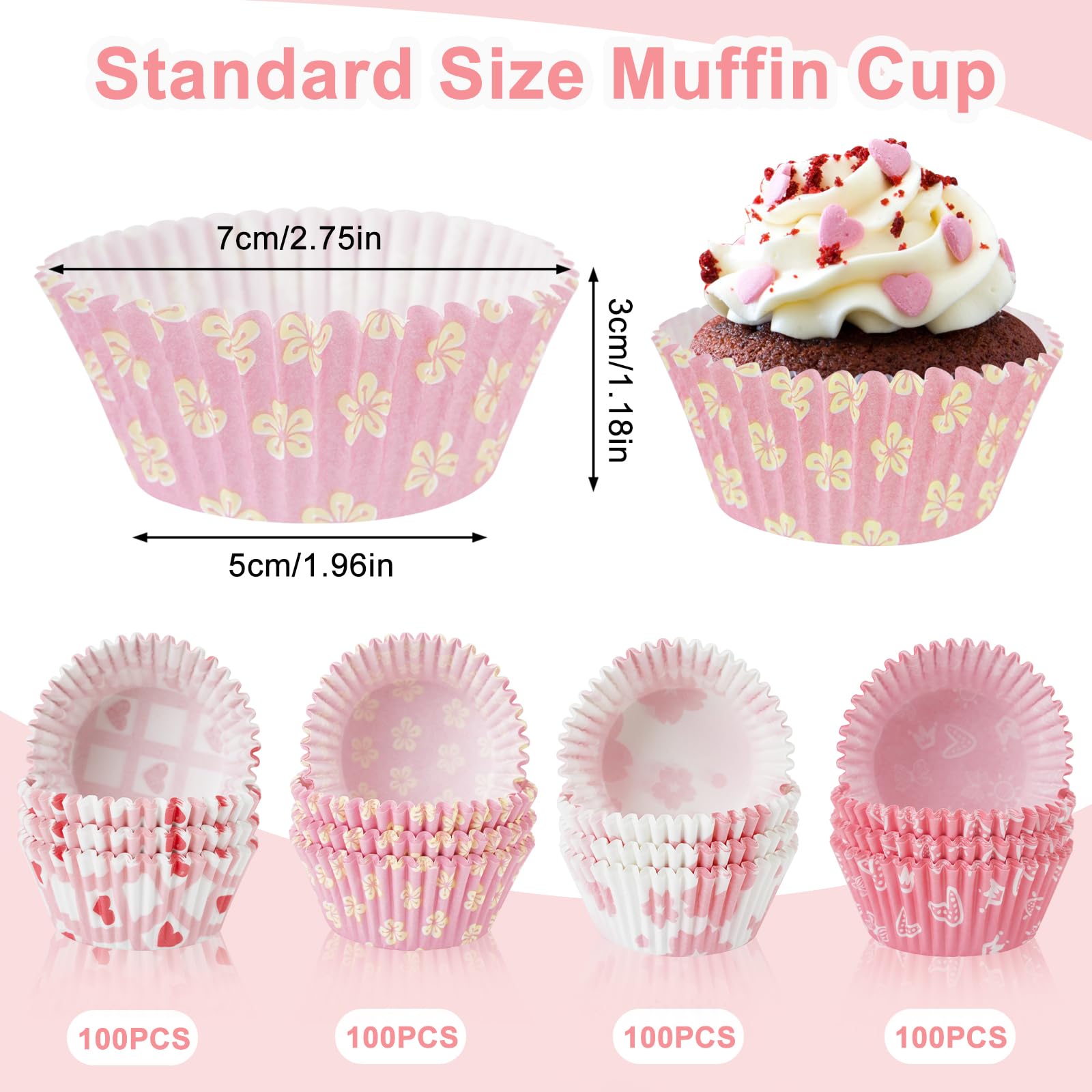400 Pcs Pink Cupcake Liners for Baking, UOIXPUHUO Muffin Liners Baking Cups Cupcake Liner Non Stick, Standard Muffin Cups Paper Liners Wrappers Greaseproof for Party Wedding Birthday Christmas