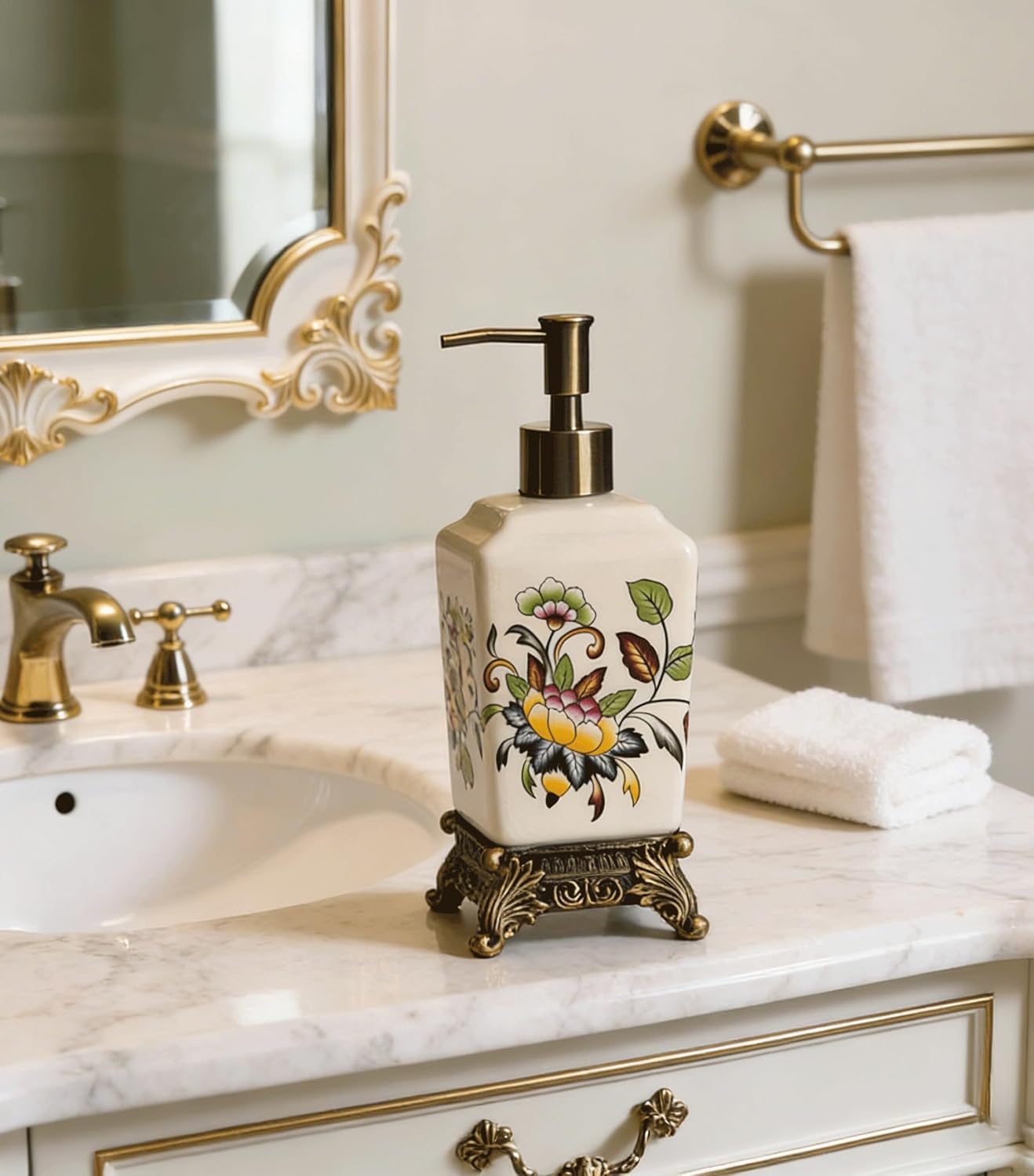 Kelake Ice Crack Ceramic Soap Dispenser for Kitchen Bathroom Colorful Flowers Design Hand Liquid Soap Dispenser with Removable Pump 11.5 oz/340 ml