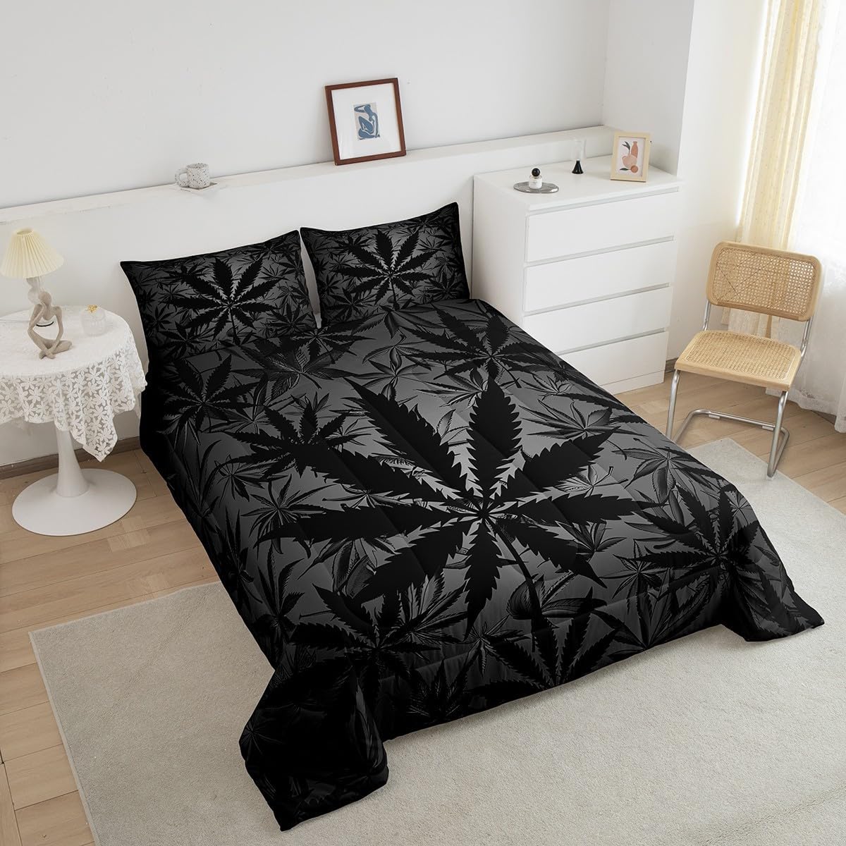 Erosebridal Leaf Bedding Set for Kids Boys Girls Teens,Neon Leaves Comforter Sets Queen,Duvet Quilt Lightweight,Botanical Plants Bed Set with 2 Pillowcases