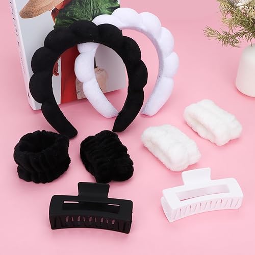 Miniatura 7 de Wecoe Juego de diadema y pulsera de spa blanco y negro, diadema para el cuidado de la piel para lavar la cara, pinzas para cabello grueso, esponja