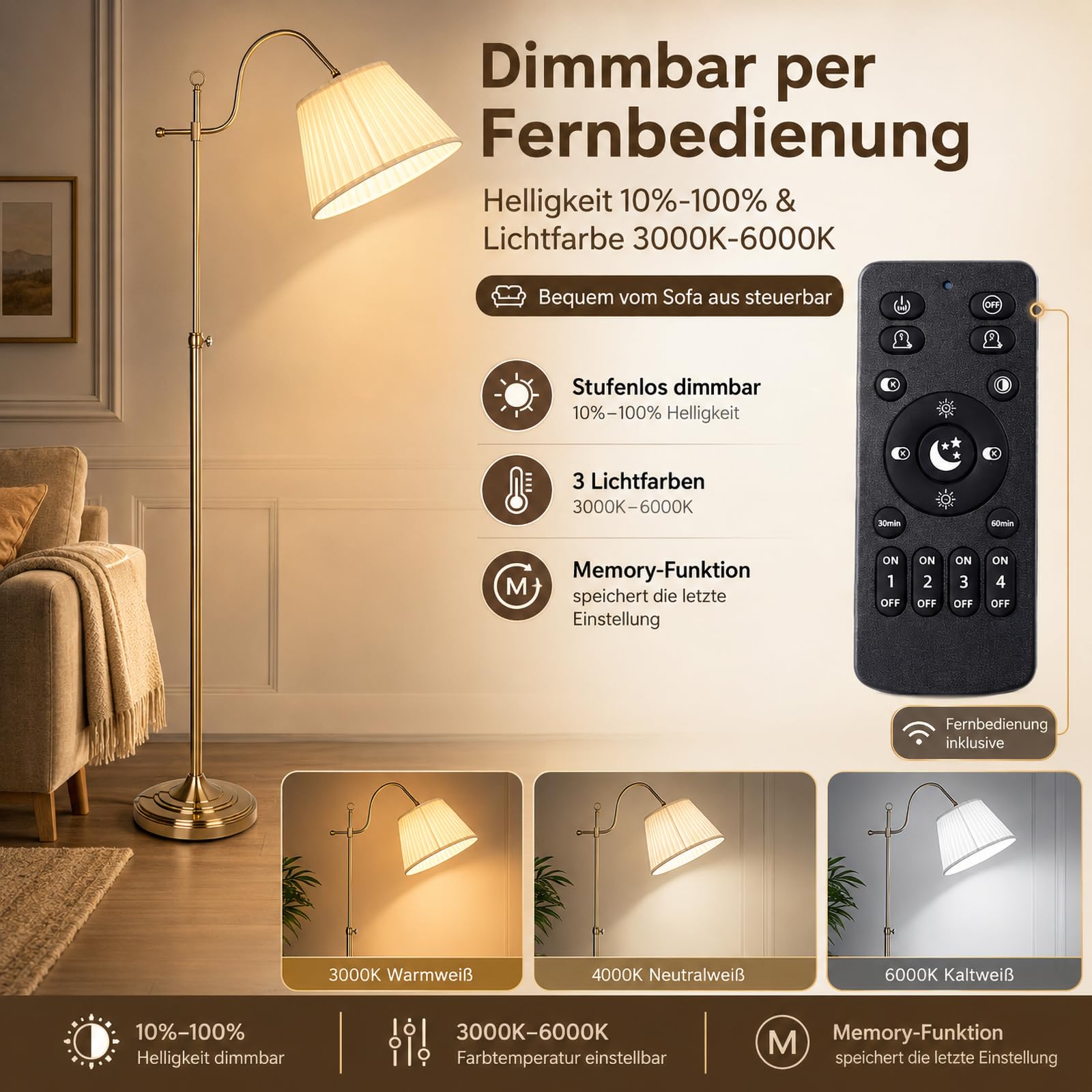 ACMHNC Stehlampe Wohnzimmer Vintage, Dimmbar, Timer, Bronze | Retro Stehleuchte mit Fernbedienung, Stoffschirm, E27 Fassung, 3000K-6000K, Hoehenverstellbar 134-174 cm für Sofaecke, Sessel