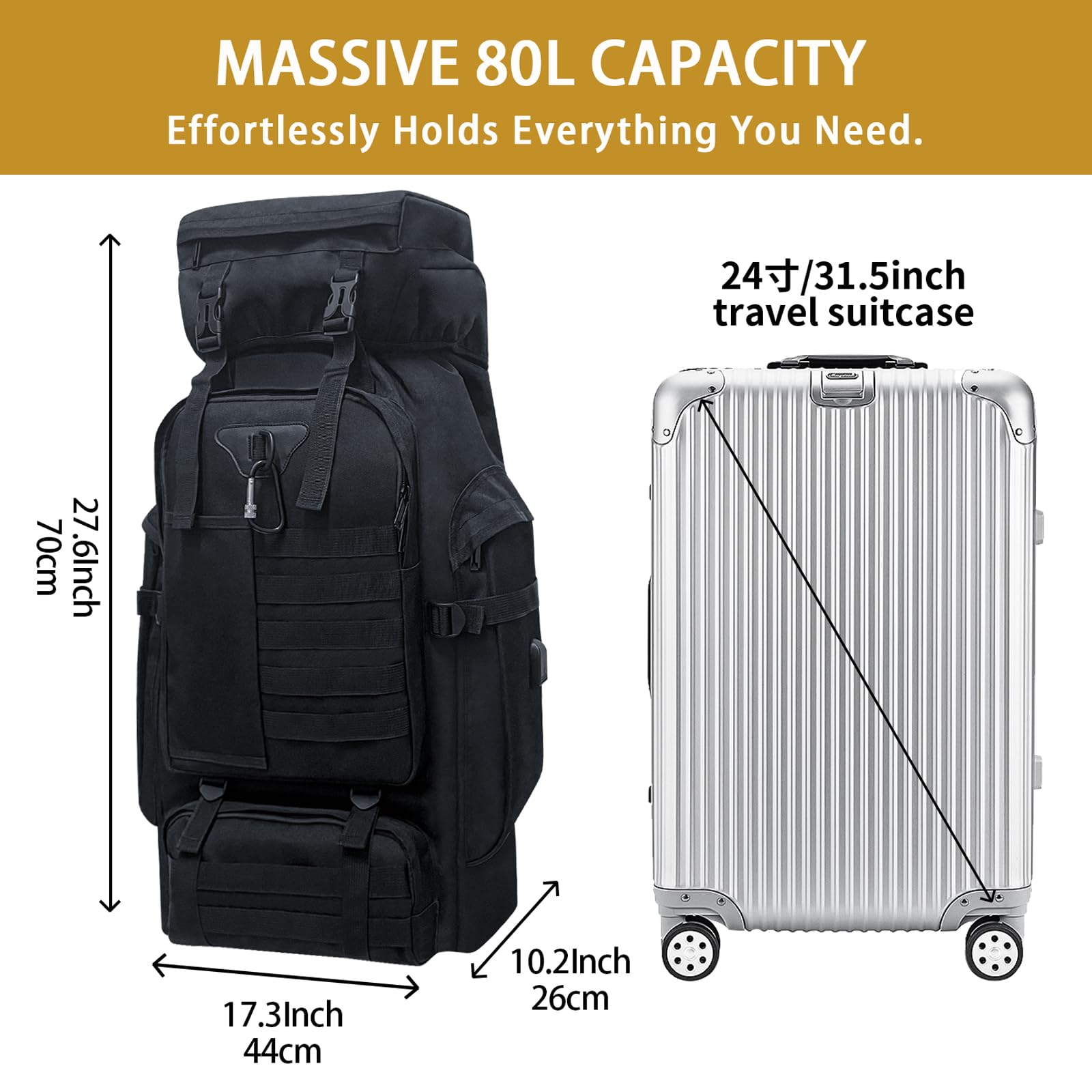 Sac à Dos de Randonnée de Camping 80L, Grand Sac à Dos Tactique Militaire, Sac à Dos De Voyage Étanche Avec Mousqueton Sac à Dos MOLLE Extérieur pour Hommes Femmes (Noir)
