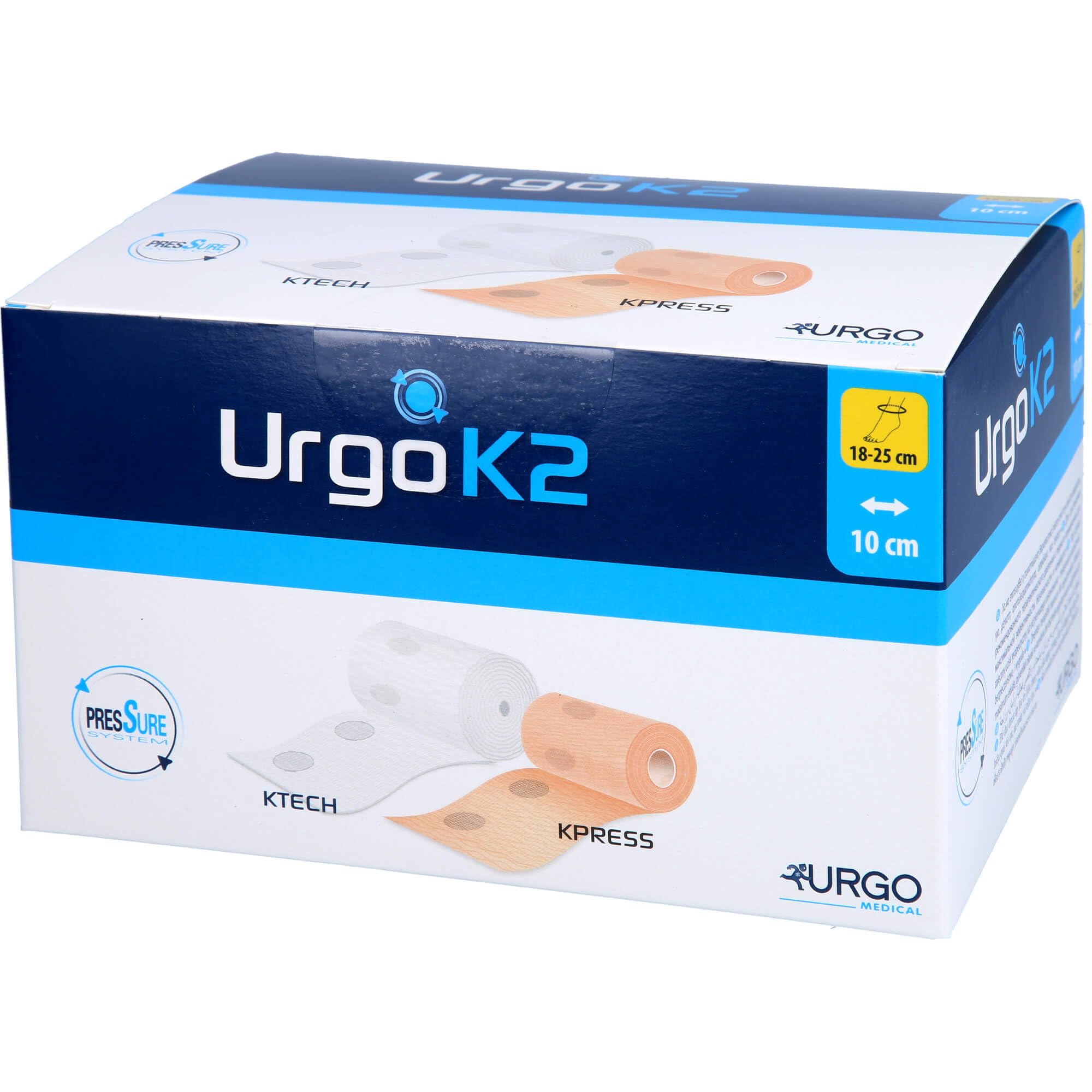 UrgoK2 zweilagiger Kompressionsverband mit Druckindikator Knöchelumfang 18-25 cm 10 cm breit, 1 Sztuka Bandaż