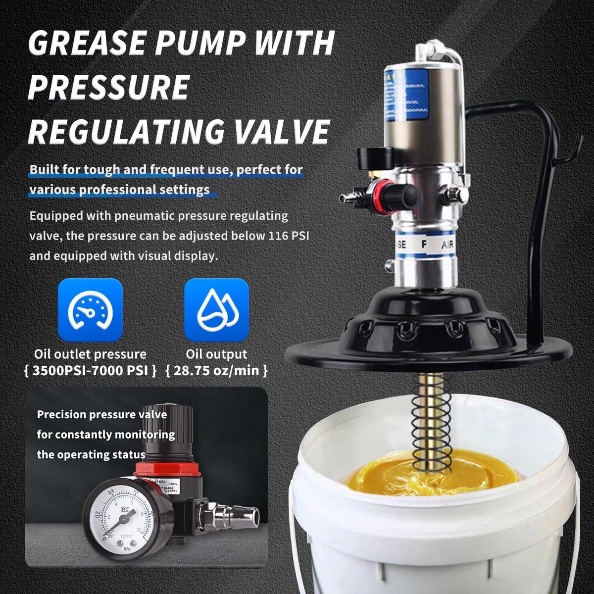 Air-Operated 60:1 Grease Pump with Grease Gun 2 Couplers, Grease Pump for 5 Gallon Bucket with 13ft High-Pressure Hose, Drum Cover, Follower Plate, Z-Swivel, Control Valve
