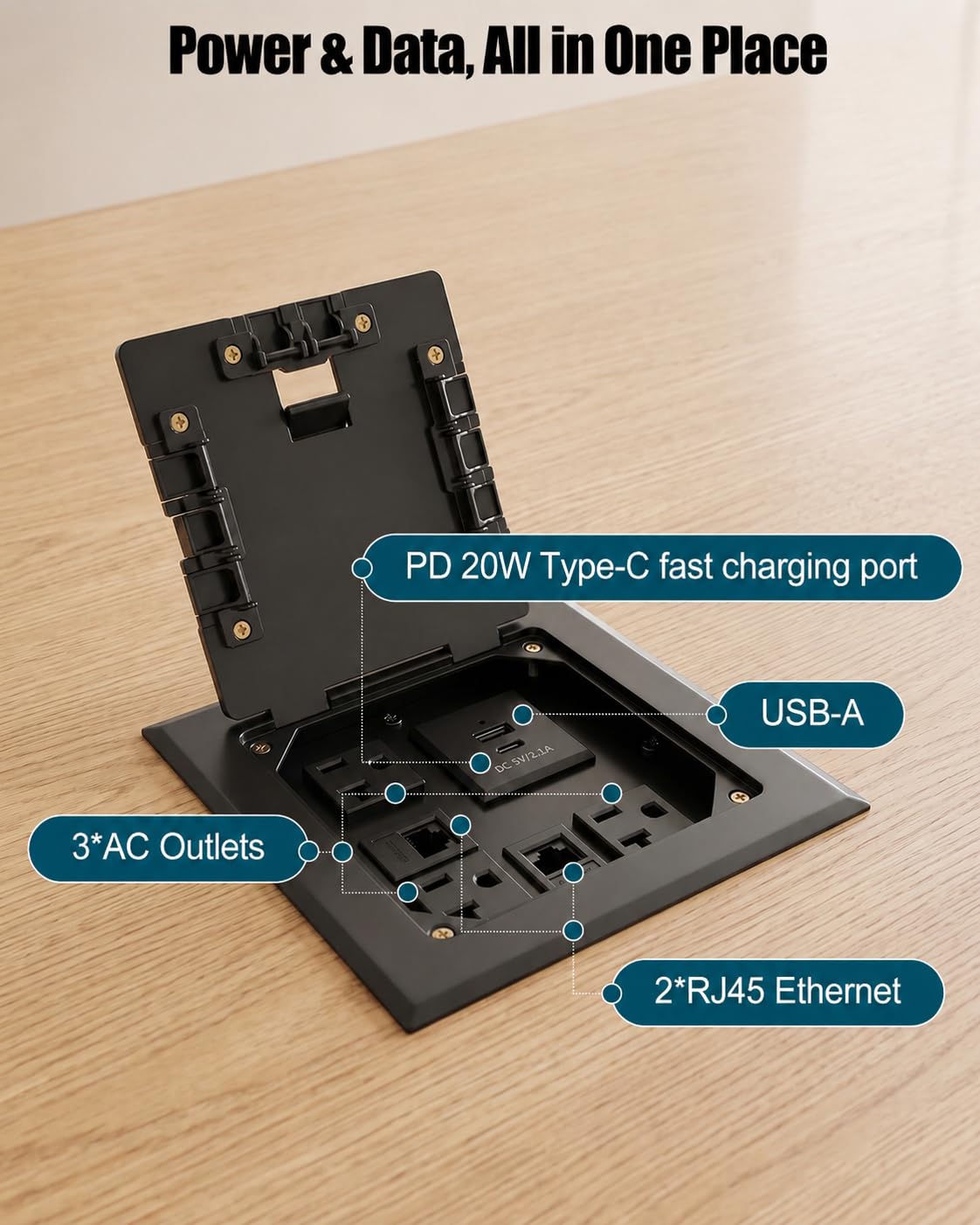 Kit scatola di uscita da pavimento da incasso, presa di corrente a pavimento con 2 prese da 20 A e presa da 15 A e PD 20 W USB-C e USB-A e 2 porte Ethernet RJ45, scatola da pavimento nascosta per casa