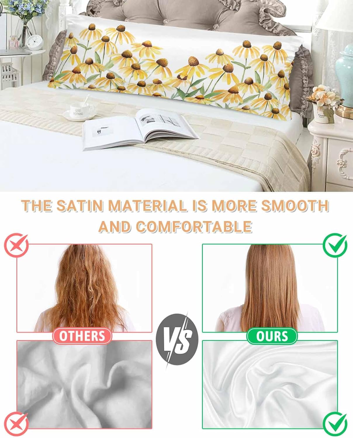 QueenKer Summer Chrysanthemum Satin Pillowcase with Zipper for Hair and Skin Pastoral Watercolor Yellow Flowers Satin Pillow Covers Wrinkle-Free Smooth and Cooling Pillow Cases 20" x 54" 1Pcs