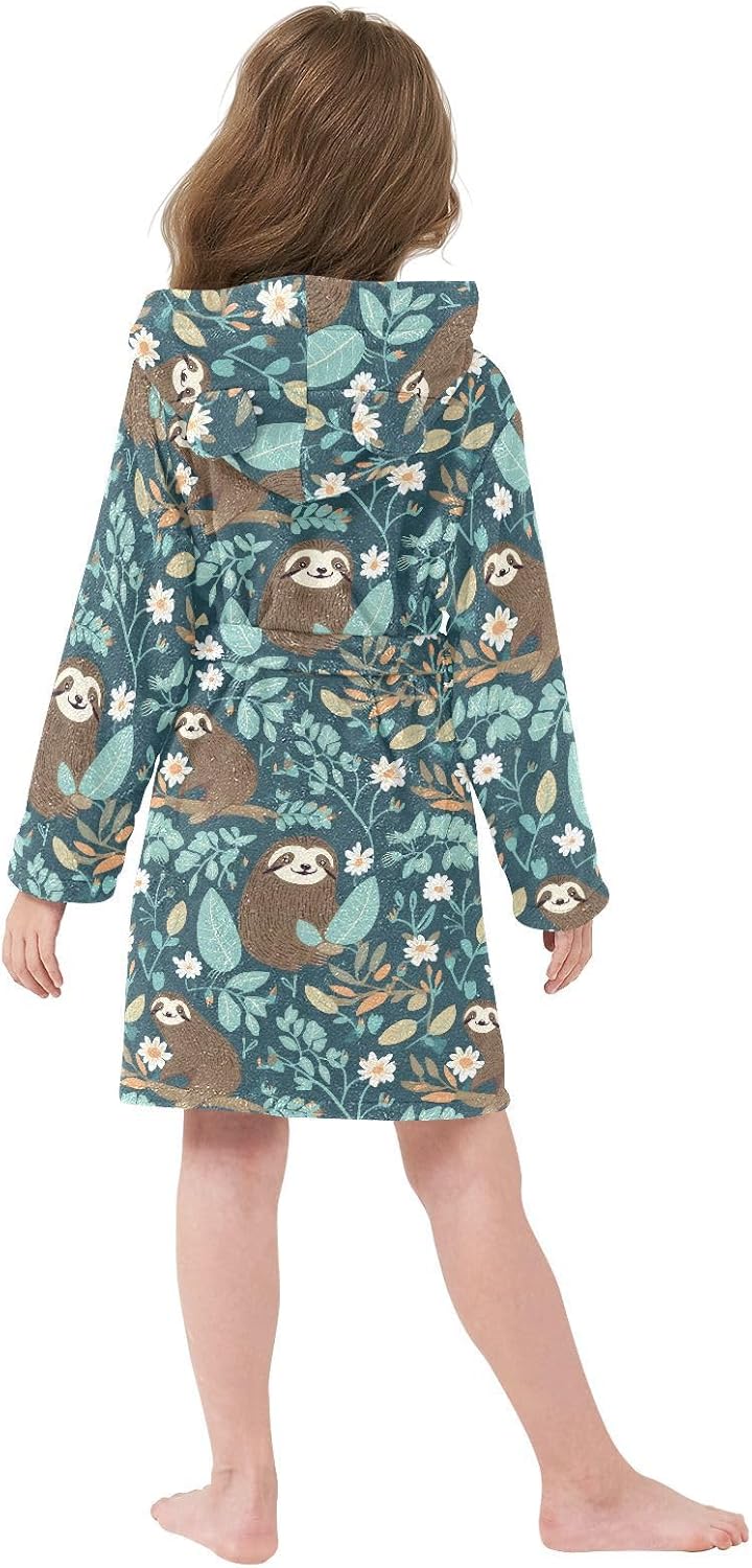 senya Sloth Toddler Hooded Bathrobe Kids Soft Plush Bath Towel Robes for Boys Girls 2-12 Years