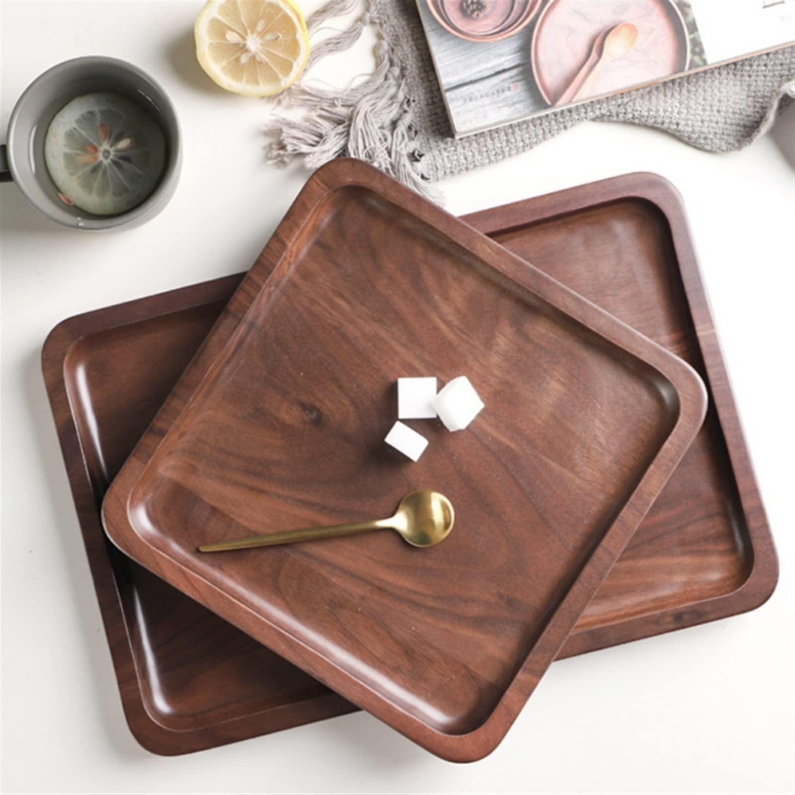 JINGYAN Vassoi per la colazione Wooden Round/Rectangular Serving Tray Wood Plate Tea Dishe Drink Platter Food Plate Beef Steak Fruit Snack Tray Kitchen Utensils