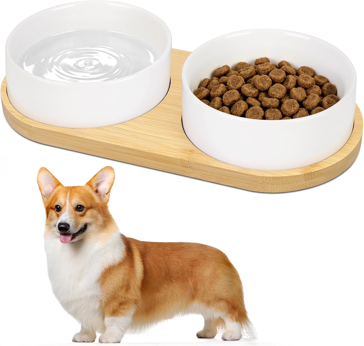 Ceramic Dog Bowl Set with Wooden Stand, 13.5oz Dog Food and Water Bowls for Small Medium Dogs with Non-Slip Base, Dual Food Water Bowl Set for Cats (White)