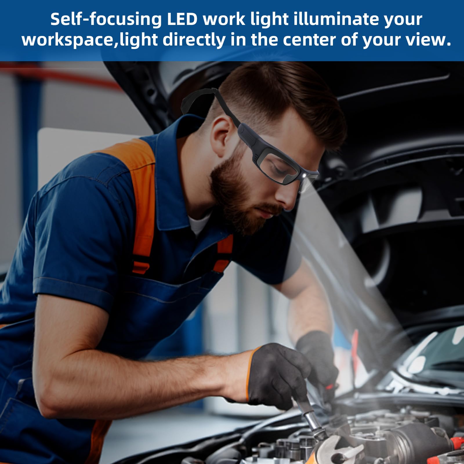Gafas de seguridad para hombres y mujeres con luces LED recargables, extra largas 13 horas de trabajo, antiniebla, antiarañazos, gafas de protección TR90, montura duradera