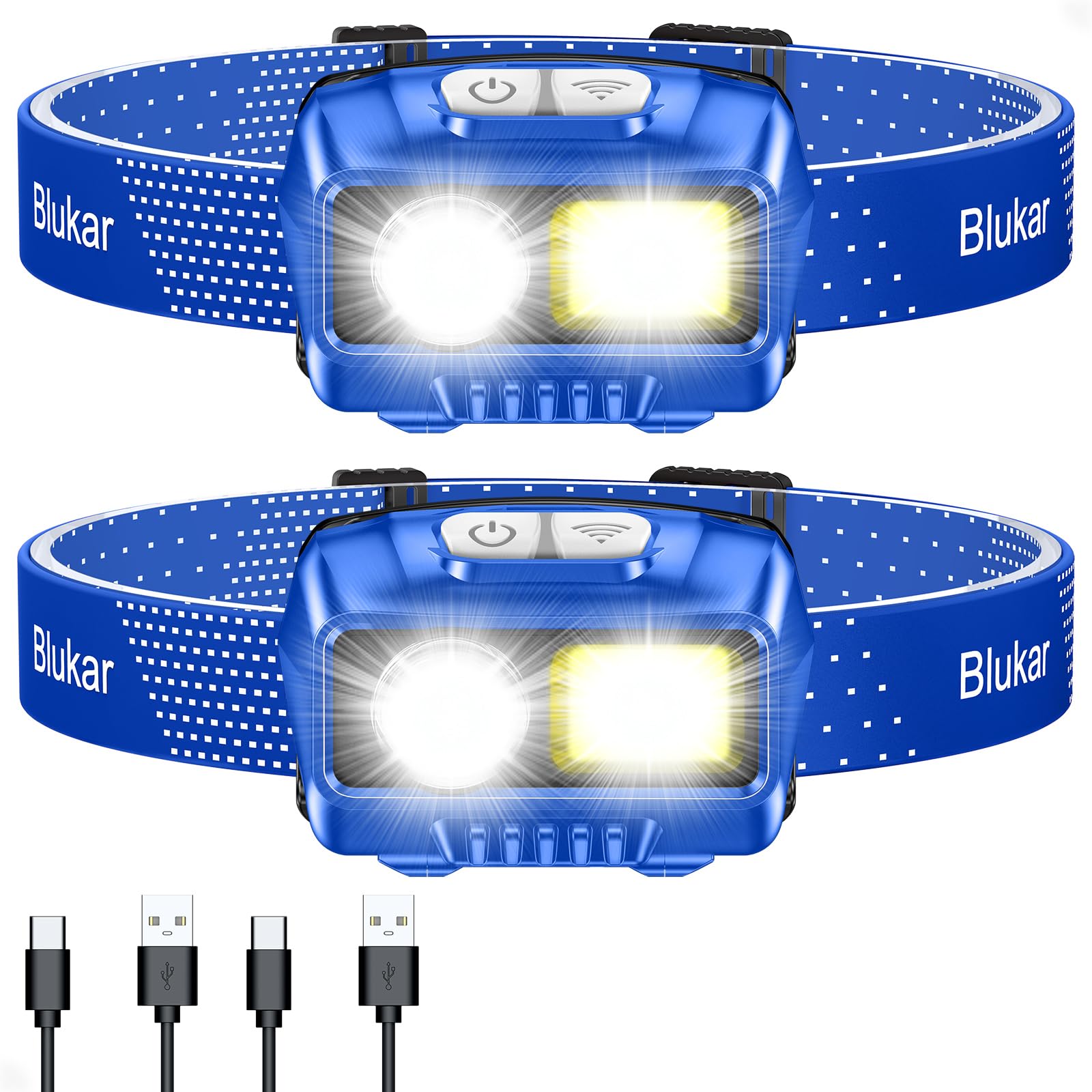 Blukar LED Headlamp,2000L Super Bright Rechargeable Headlight Flashlight with White&Red Light 2 Pack - Motion Sensor,Dimmable Brightness,8 Modes,