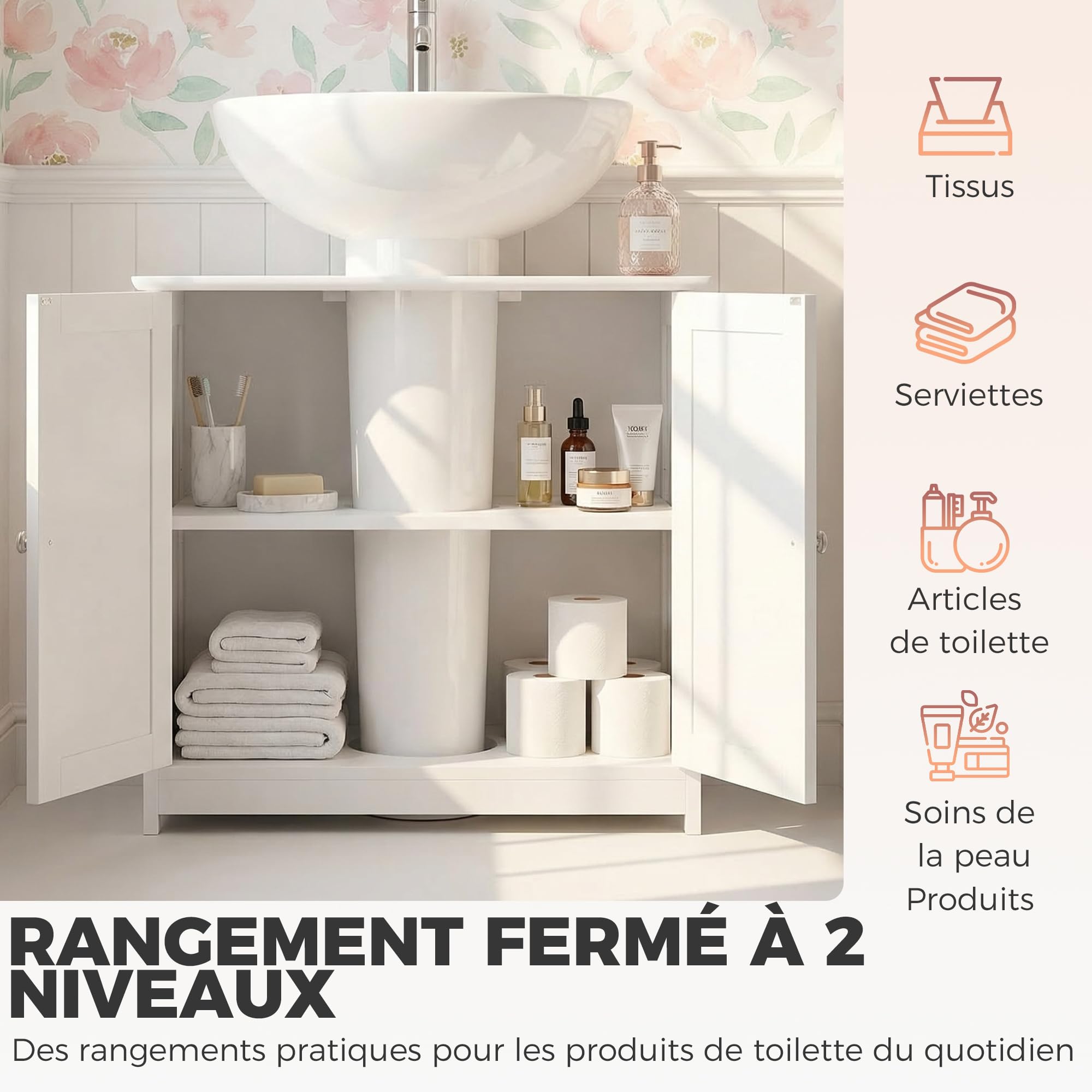 kleankin Meuble Salle de Bain sous lavabo - Meuble sous-Vasque - Placard 2 Portes avec étagère - dim. 60L x 30l x 60H cm - en Bois Blanc