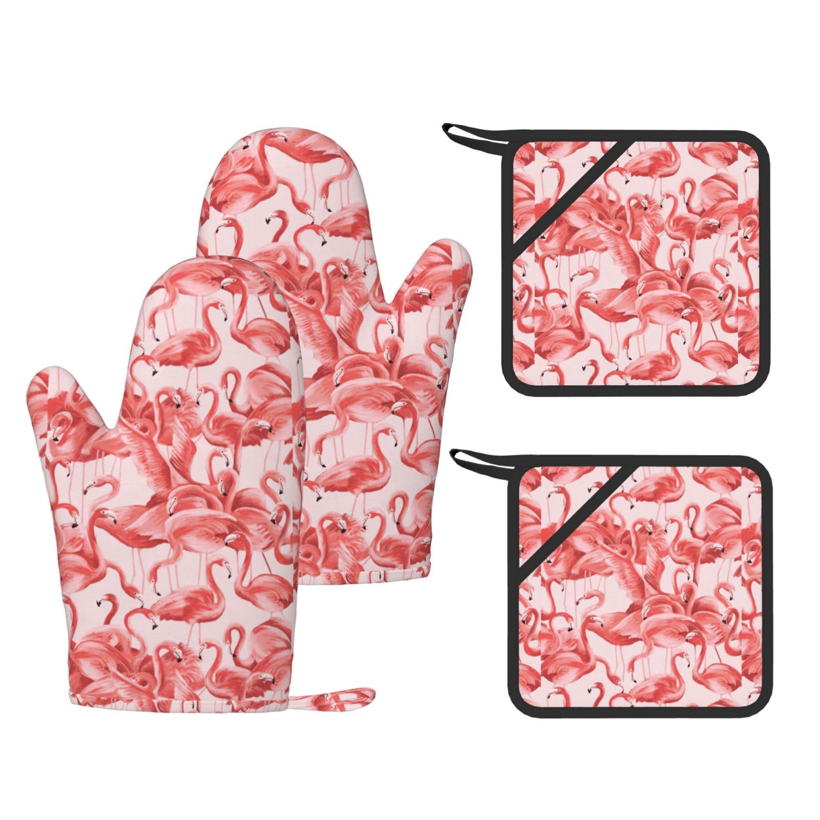 Eeprty Black Flamingo Printed Kitchen Oven Gloves And Potholder 4 Pcs, Non-Slip Heat Resistant Mitts For Baking Chef
