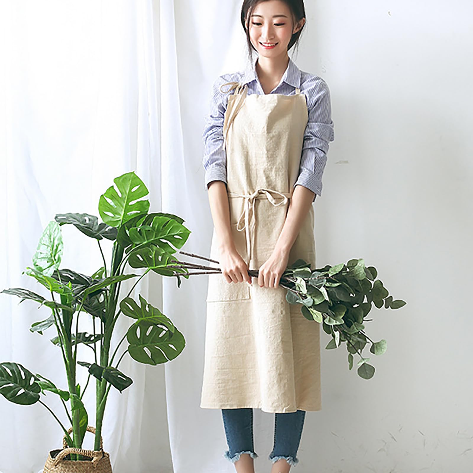 Tablier de cuisine réglable en coton et lin avec poches pour la cuisine, la pâtisserie, l'art, la peinture, le jardinage