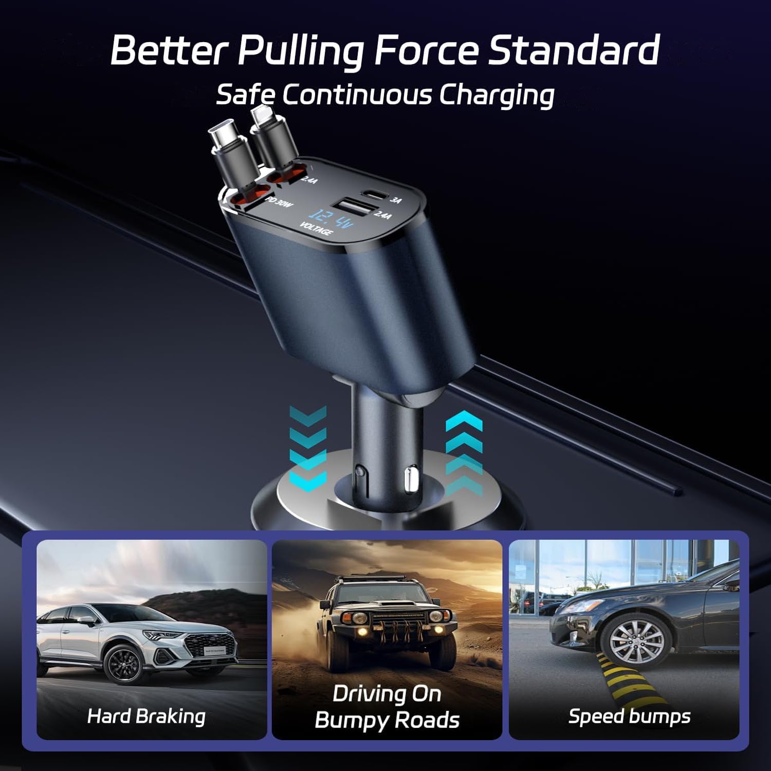 GadgetBite Car Charger 120 Watt 4 in 1 Charger with Retractable Cables & Dual Ports Type C cable and Lighting cable Super Fast Charger Compatible With iPhone 17 to 11 Pro Max Android iPad Pixel - Blue 4