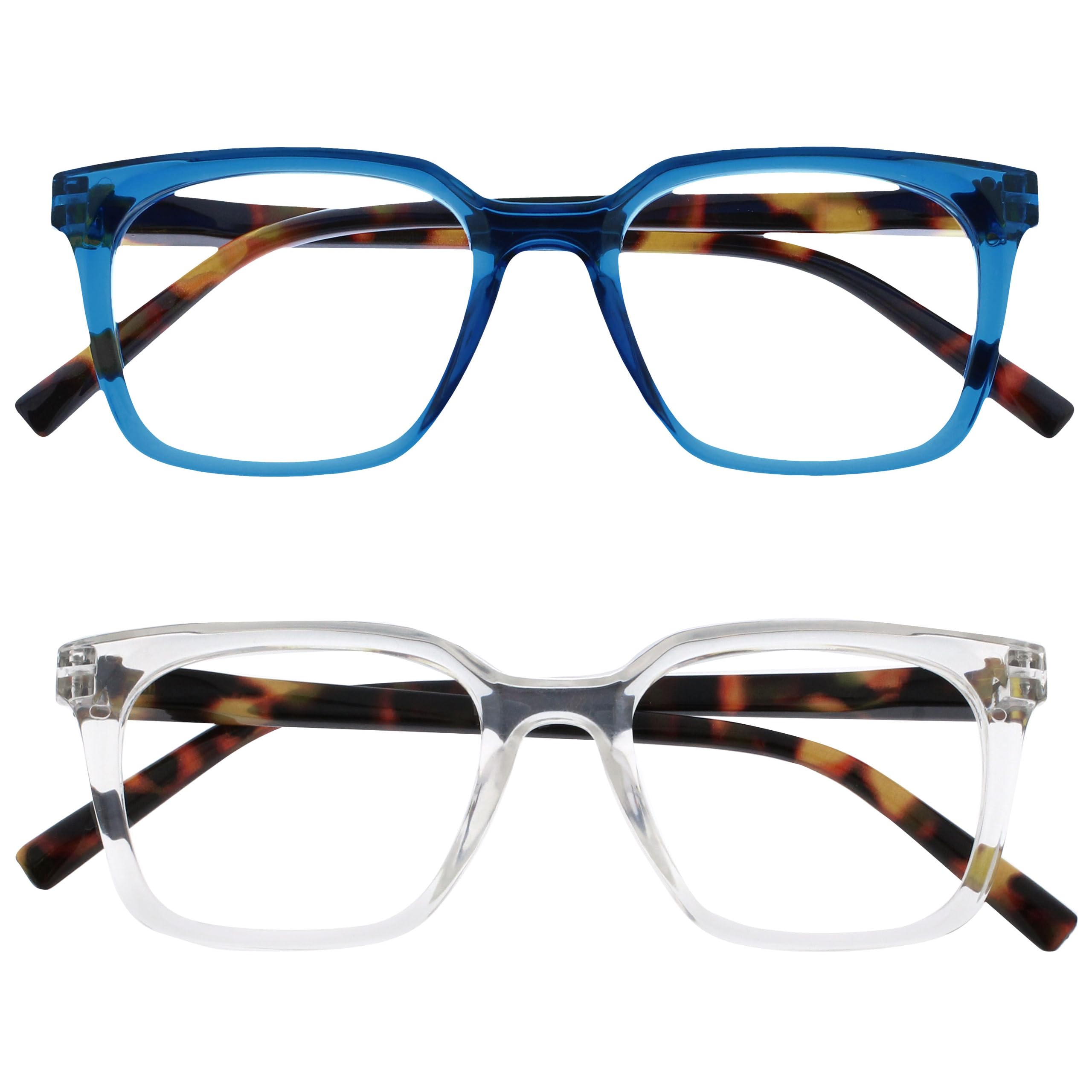 OPULIZE KOI Reading Glasses 2 Pack - Large Rectangular Frame - Blue-Clear - Mens Womens - Spring Hinges - RR50-3C - +2.00