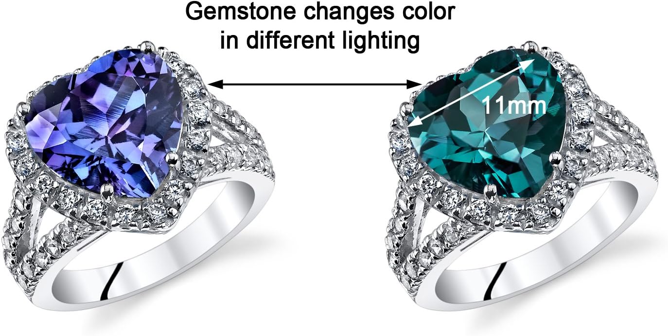 PEORA Simulated Alexandrite Signature Heart Ring for Women 925 Sterling Silver, Large Color-Changing 5.50 Carats Heart Shape 11mm, Sizes 5 to 9