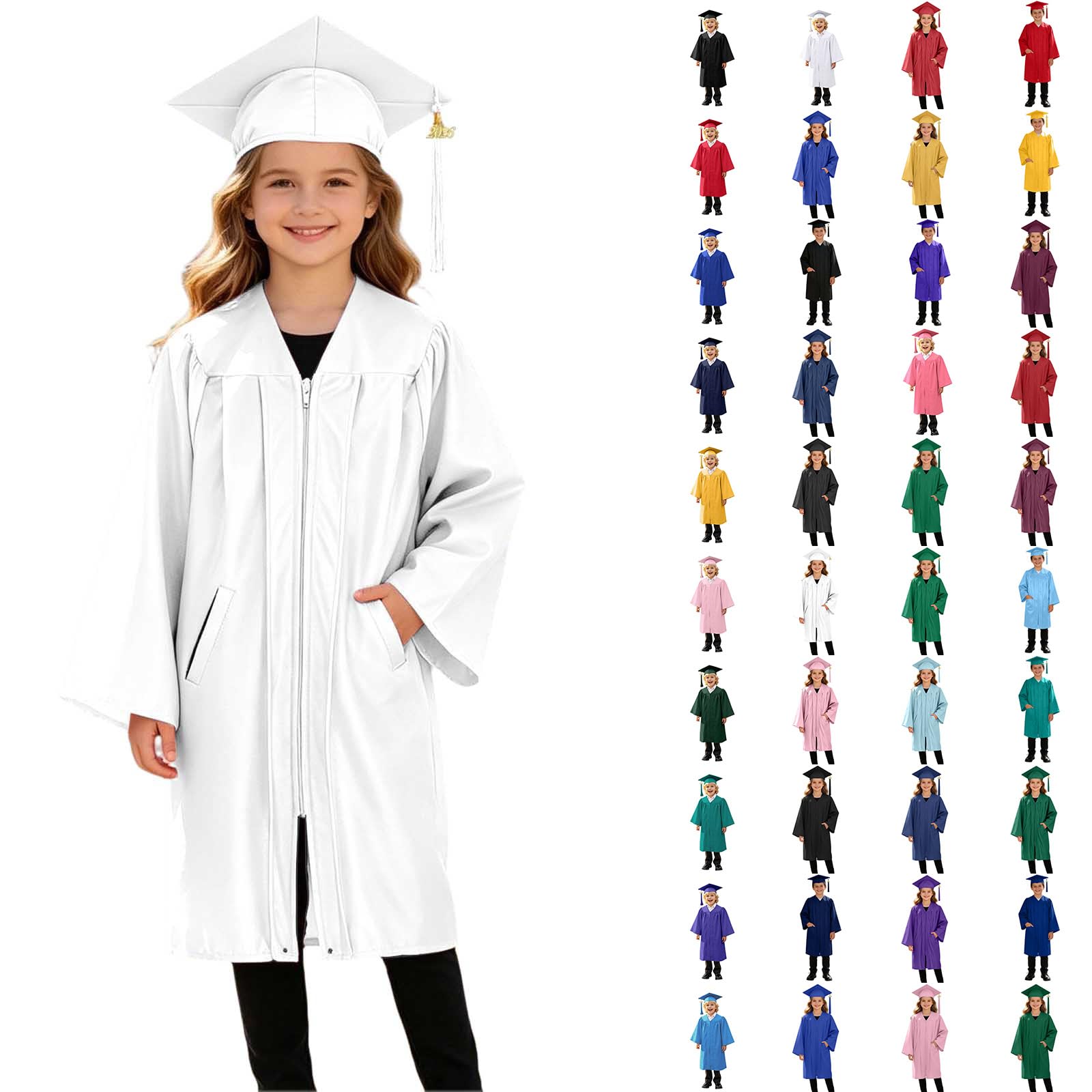 3 Piece Graduation Set for Kids, Gown, Cap, Gold 2026 Tassel, Unisex Boys Girls Preschool Kindergarten Primary School Graduation Gown and Cap Dress Up Props Costume, 16-White