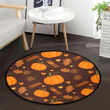 Autumn Pumpkin Pattern Spices Round Rug 3 ft for Bedroom Washable Area Rug Mat Circle Non Slip Carpet with Rubber Backing Floor Mat Decor for Living Room Bathroom Kitchen