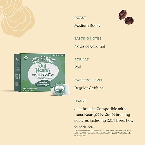 Miniatura 4 de Four Sigmatic Gut Health - Cápsulas de café orgánico  Cápsulas K probióticas de tostado medio con chaga y cola de pavo  Estimulante del sistema