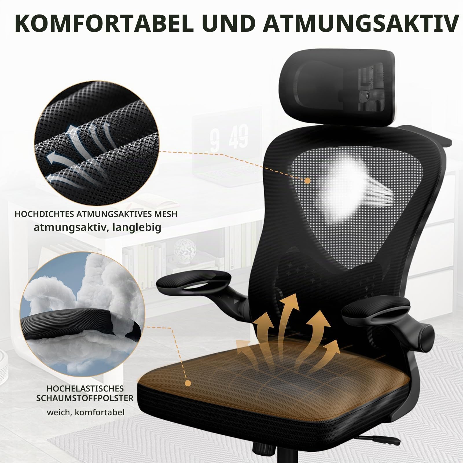 BüRostuhl, Office Chair Mit 90° Hochklappbare Armlehnen und 3D-KopfstüTze, Ergonomischer Netz-BüRostuhl, 10 cm HöHenverstellbar, Weiches 50 X 50 cm Sitzkissen, 360° Drehbar, Schwarz