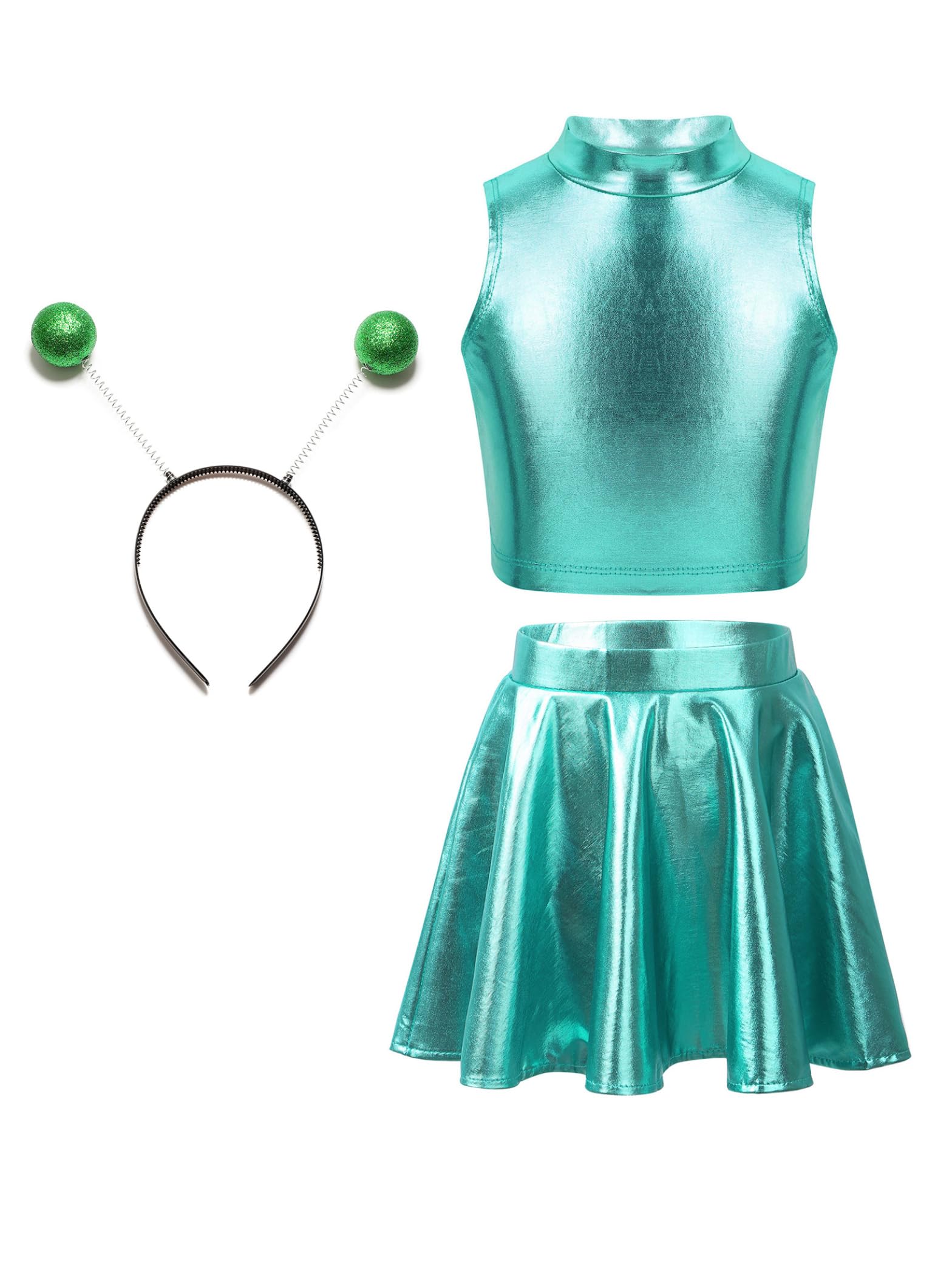 Rswnyirn Kids Girls Astronauts Alien Role Play Outfit Metallic Tank Top with Mini Skirts Headwear Set Lake Blue 9-10 Years