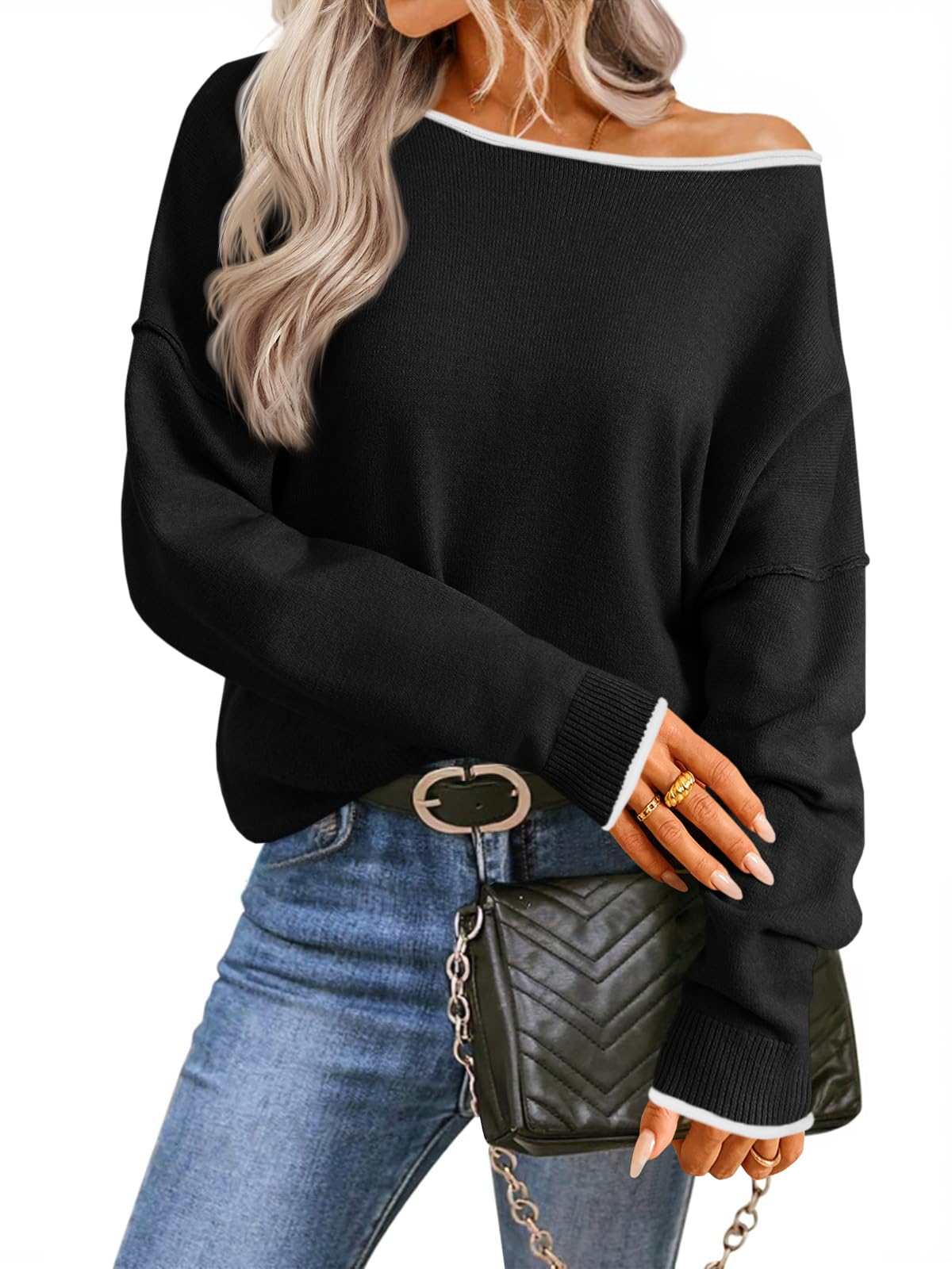 Saodimallsu Womens Off The Shoulder Sweater Oversized Long Sleeve Knit Sweaters 2025 Casual Color Block Trendy Jumper Tops