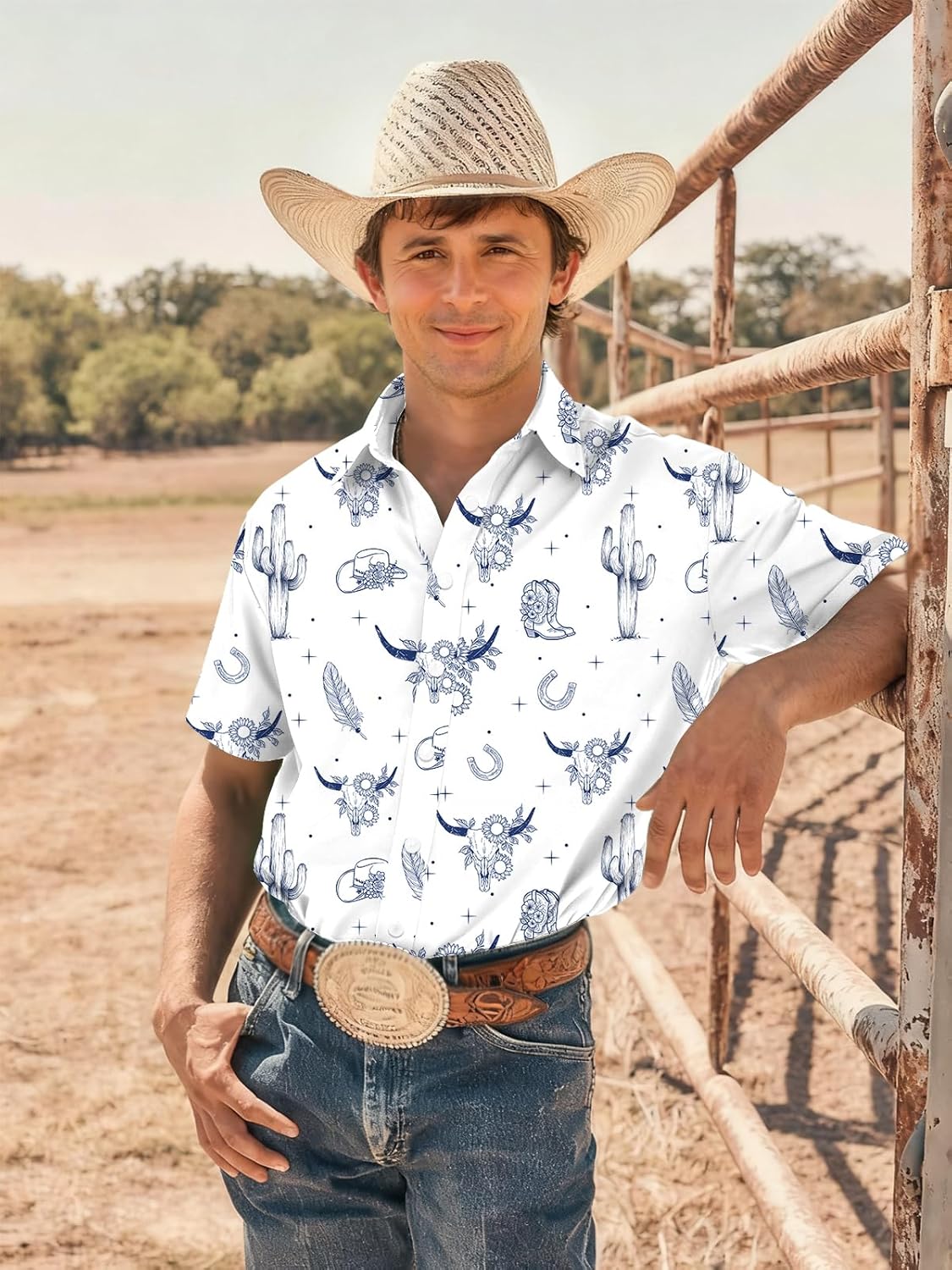 Western Shirts for Men Cowboy Country Shirt Short Sleeve Retro Button Down Outfits - Image 2