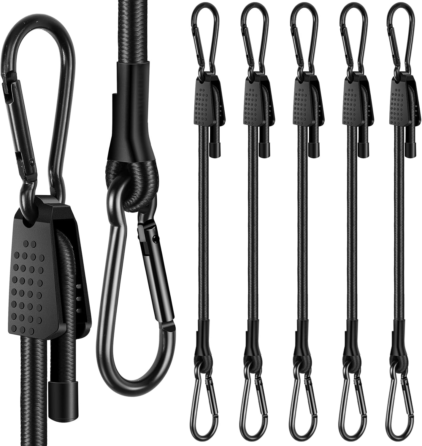 6 Pack Bungee Cords with Hooks，Upgraded Heavy Duty Outdoor Bungee Cord，Black Elastic Bungee Straps Adjustable Bungee Cords(7"-65"), for Cargo, Camping, Bike Racks, Tents, Luggage
