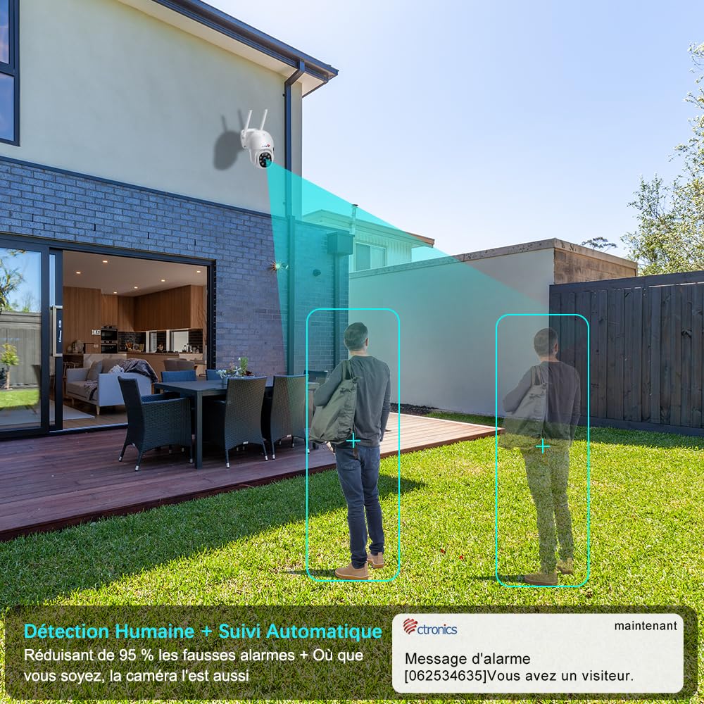Ctronics Caméra Surveillance WiFi Extérieure 2K PTZ Caméra IP Vision Nocturne Couleur 30M Détection Humaine Suivi Automatique 355° 90° Audio Bidirectionnel IP66 Étanche Slot Carte TF(2 Pack) (Blanc) | Vision Nocturne Couleur 30M, Détection Humaine, Suivi