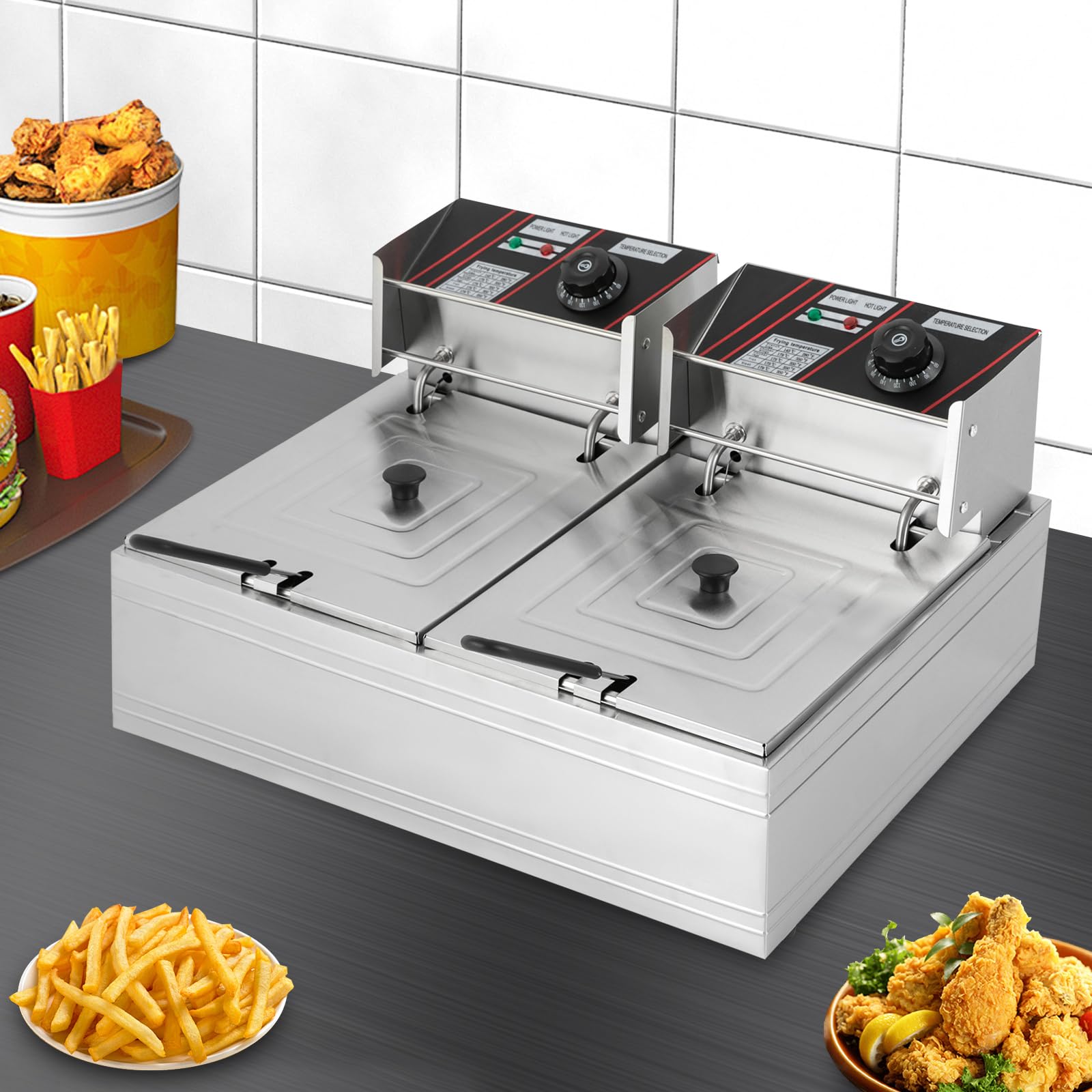 Freidora doble de acero inoxidable, doble tanque freidora eléctrica con tapa, 2 x 6 l, control de temperatura 60-200 ℃, freidora para asar pescado entero o pavo