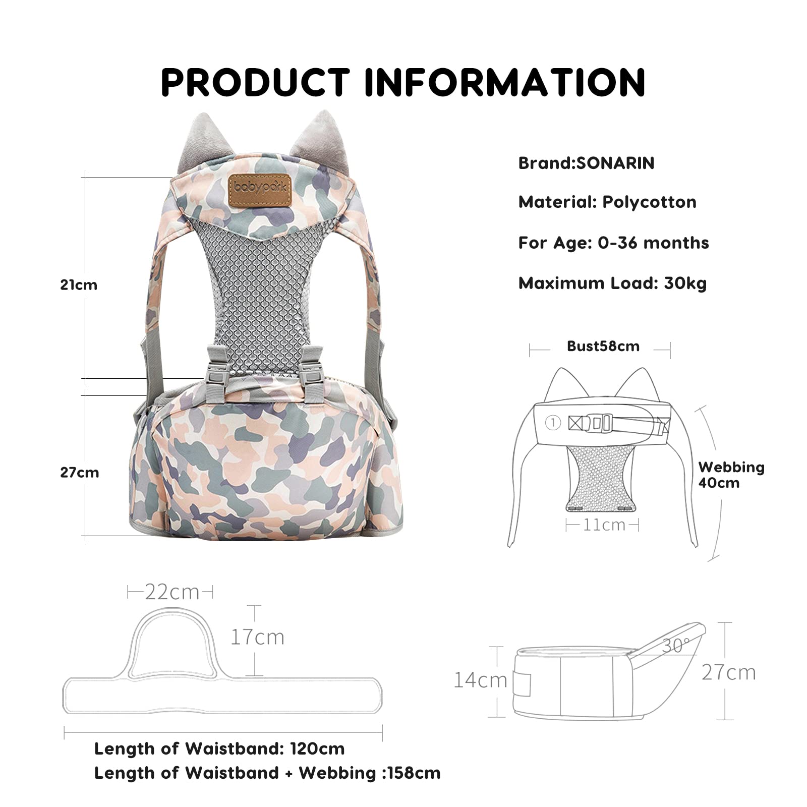 SONARIN Traspirante Hipseat Marsupio,Marsupio Neonati con Sedile Multifunzionale Leggero Portantina Ergonomico Porta Bambino Fascia Porta Bebè per Neonati Bambini 0-36 Mesi(Camo)