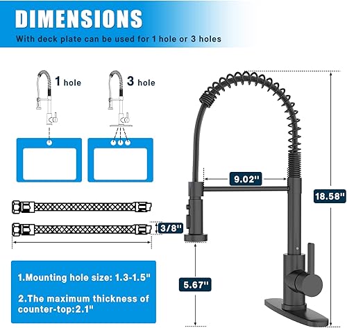 Miniatura 5 de Aquablade - Grifo de cocina con rociador extraíble, grifos de fregadero de resorte negro mate, grifo de una sola manija para 1 agujero o 3 agujeros