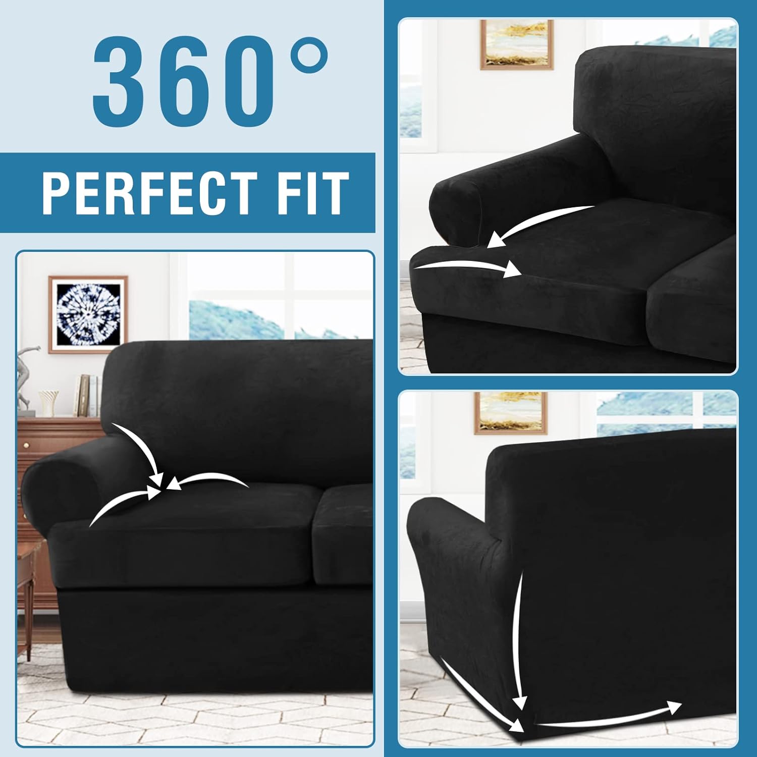 H.VERSAILTEX Sofa Cover 4 Piece T Cushion Sofa Slipcovers Velvet Couch Cover Furniture Protector Stretch T Cushion Sofa Covers for 3 Cushion Couch with 3 Individual T Cushion Covers Washable, Black