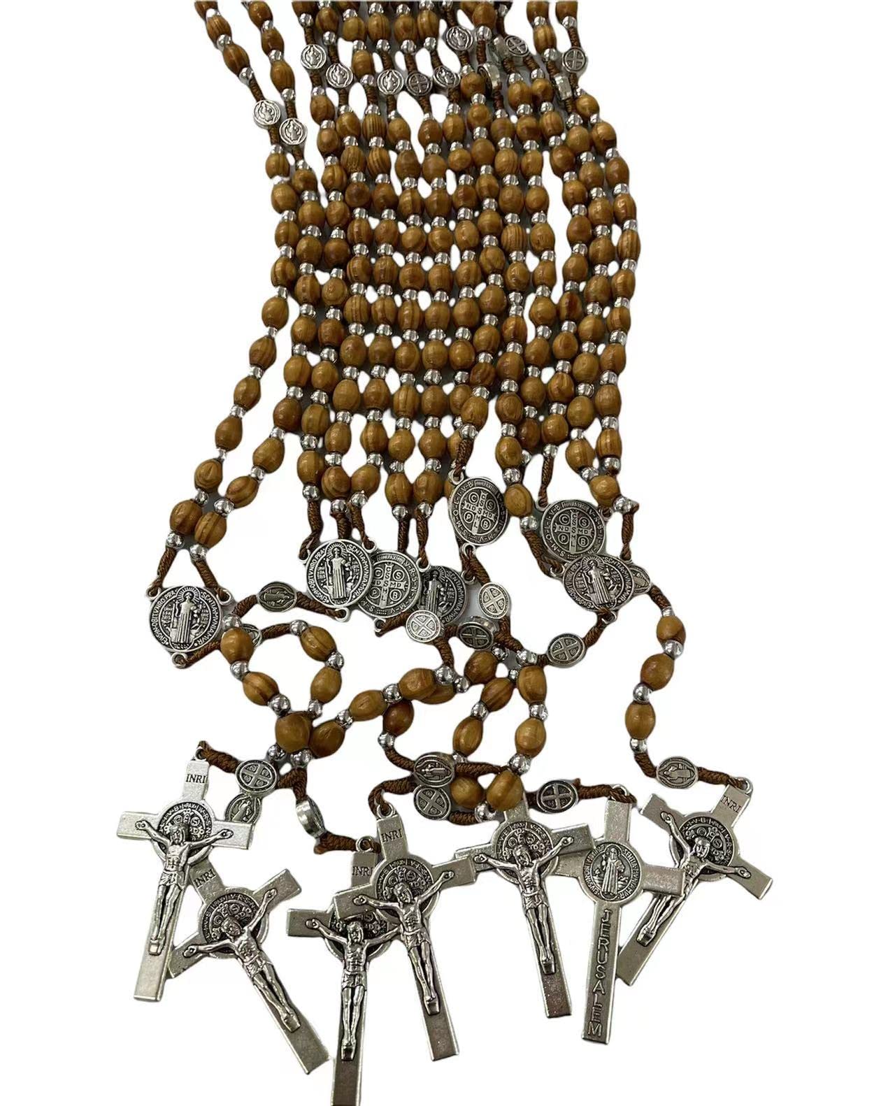 CLGIFT 12 X Rosary St BENEDICT wood beads Jerusalem rosary CATHOLIC Rosary Crucifix Necklace lot of 12, Wedding, Memorial Religious Favor