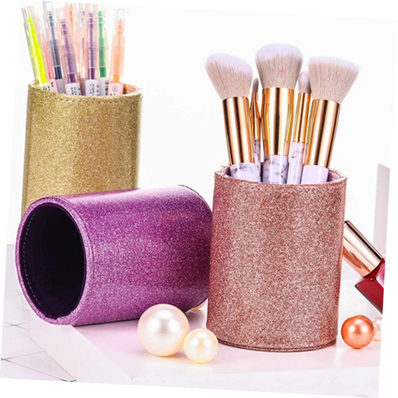 NUOBESTY 4pièces Porte-stylo Pailleté Pu Organisateur De Bureau Maquillage Rangement Pratique Pour Pinceaux Et Fournitures Pour Et Maison
