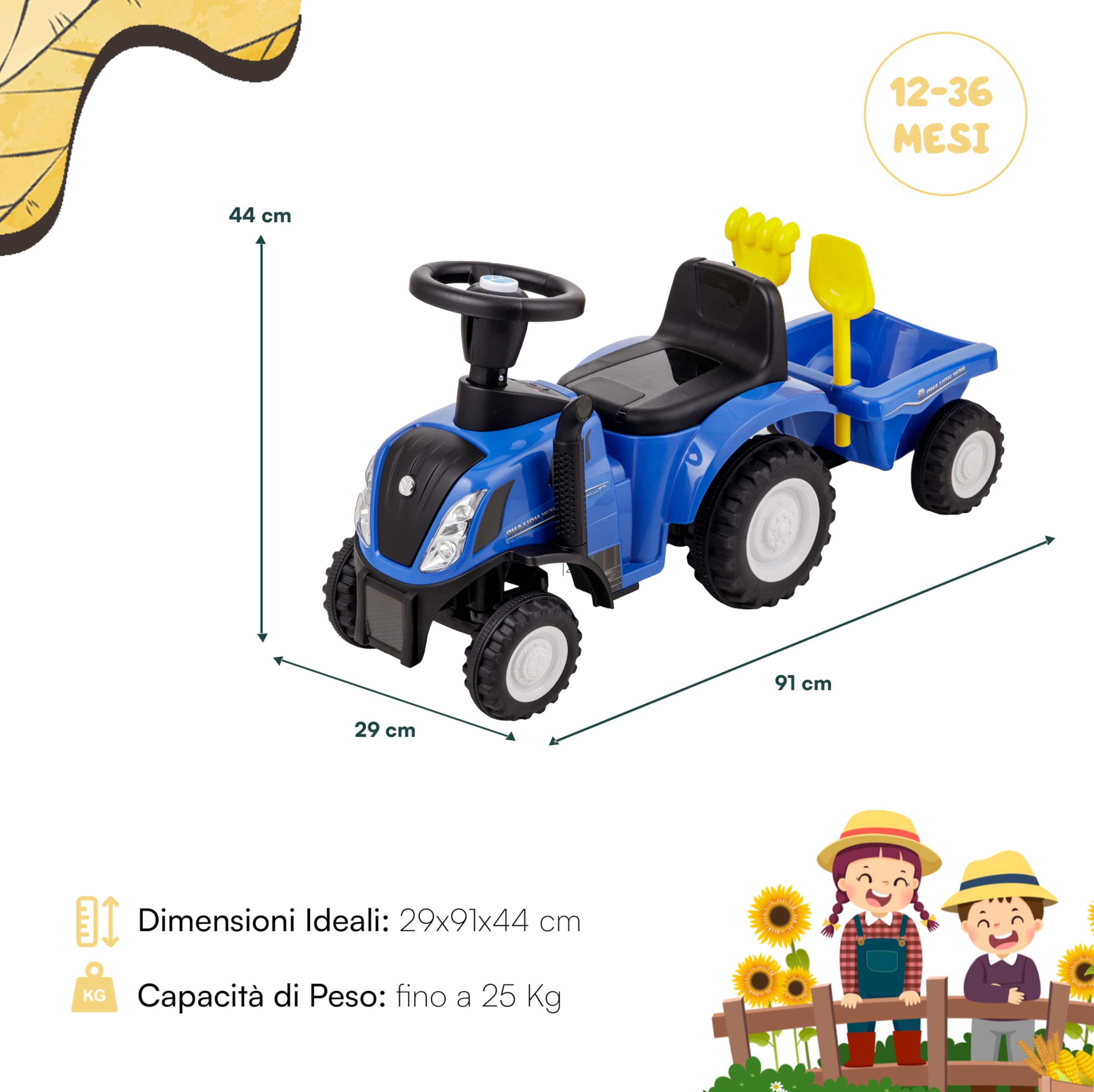Baroni Toys Trattore Ride-On con Rimorchio per Bambini dai 12 a 36 mesi, Trattore con Clacson ad Aria, Volante Sterzante, Suoni e Fari Funzionanti, Paletta e Rastrello Inclusi, 29x91x44 cm, Blu