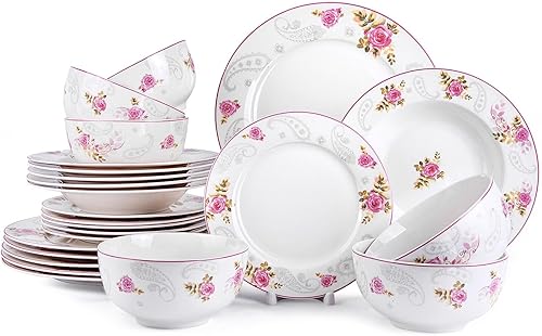 English Rose Bone - Juego de 24 platos de porcelana para 6 pers. Plato de postre Plato de sopa con cuencos para servir