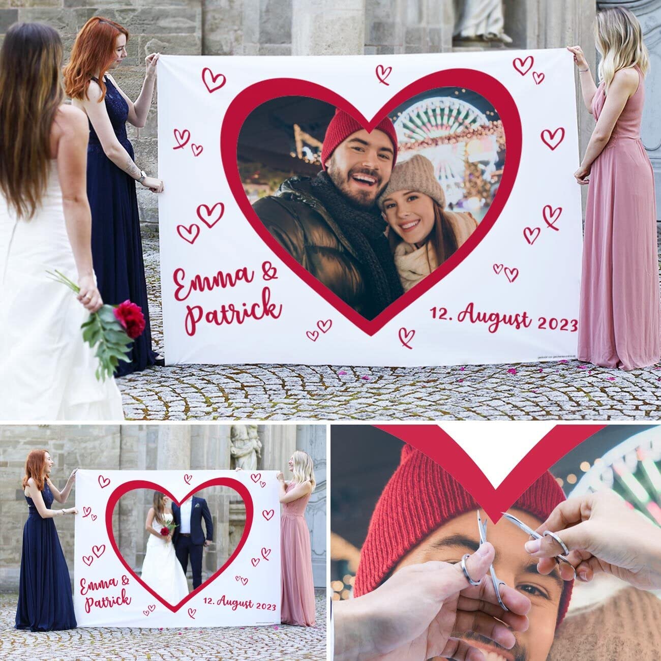 Herz & Heim® Hochzeitsbanner Herz zum Ausschneiden für Hochzeitsspiel mit Namen und Datum - Motivauswahl Fotoherz Rote Herzen