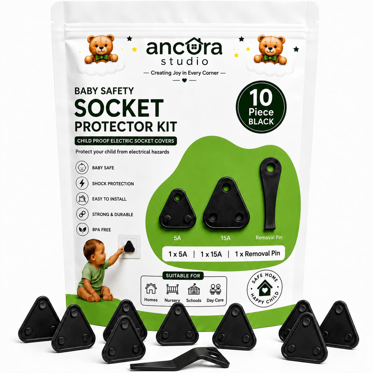 baby proofing socket plug covers | abs baby safety child proof electric socket protector for switch board, dummy plug cover guards for kids safety (black, pack of 10)