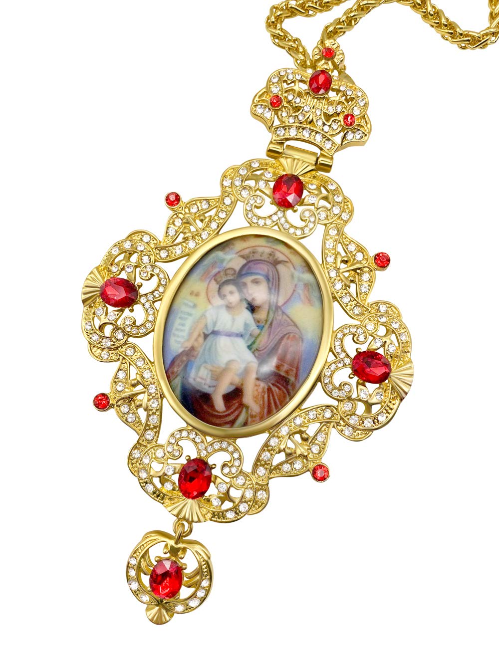 Nazareth Store Pectoral Cross Red Crystals Holy Mary Icon Gold Plated Pendant Christian Priest Bisho