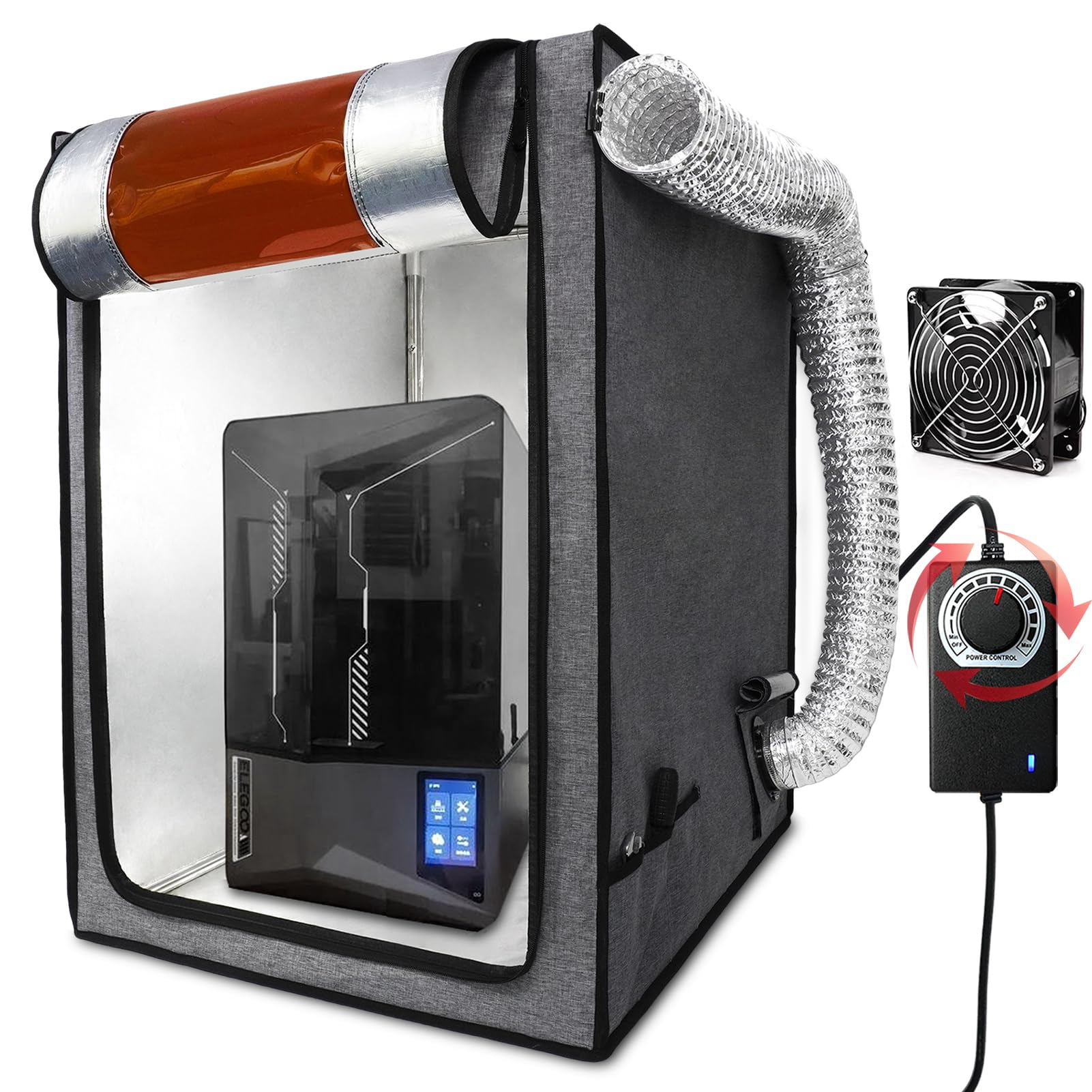 Resin 3D Printer Enclosure with Ventilation, 12V Fan Vent Pipe with Speed Controller, Fire Resistant Fabric,UV Light Shelter, Ventilate Resin Smell, Keep Warm, for Common LCD 3D Printers